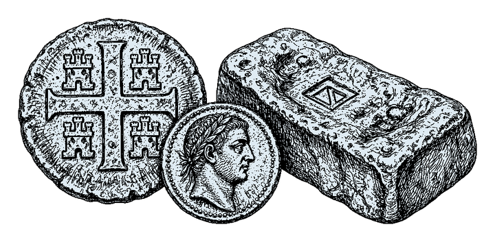 Illustration of historic silver coins beside a cast silver ingot