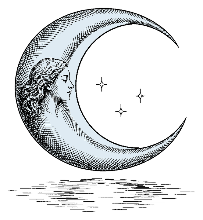 Illustration of a crescent moon with a woman's face and stars, reflected in still water