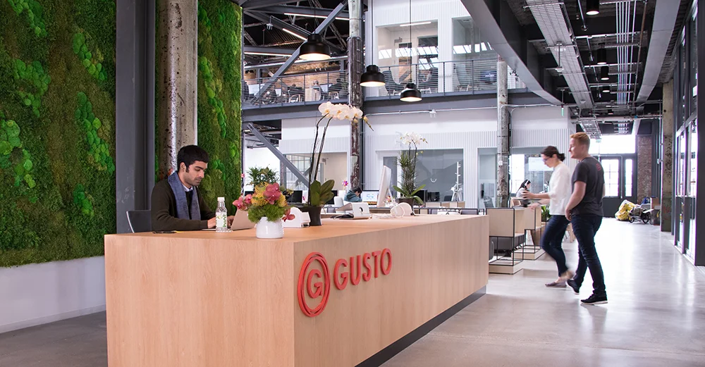 We partnered with a Gusto customer, Planted Design, to create a stunning moss wall behind reception. It’s a perfect contrast to the industrial interior.