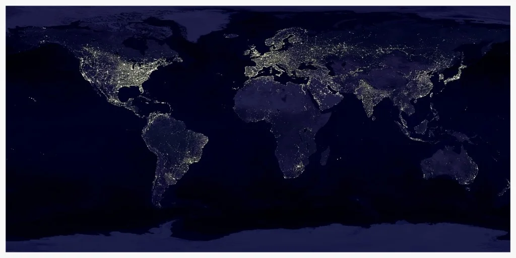 A map of the night-time city lights of the world constructed from images taken by the Defense Meteorological Satellite Program's Operational Linescan System.