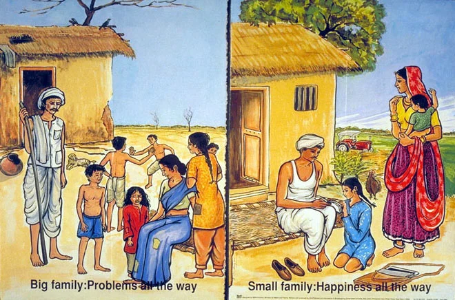 A common advertisement stressing the ideal family size (two children), versus the 'unhappiness' associated with large families. Advertisements like this are prevalent in the developing world. 