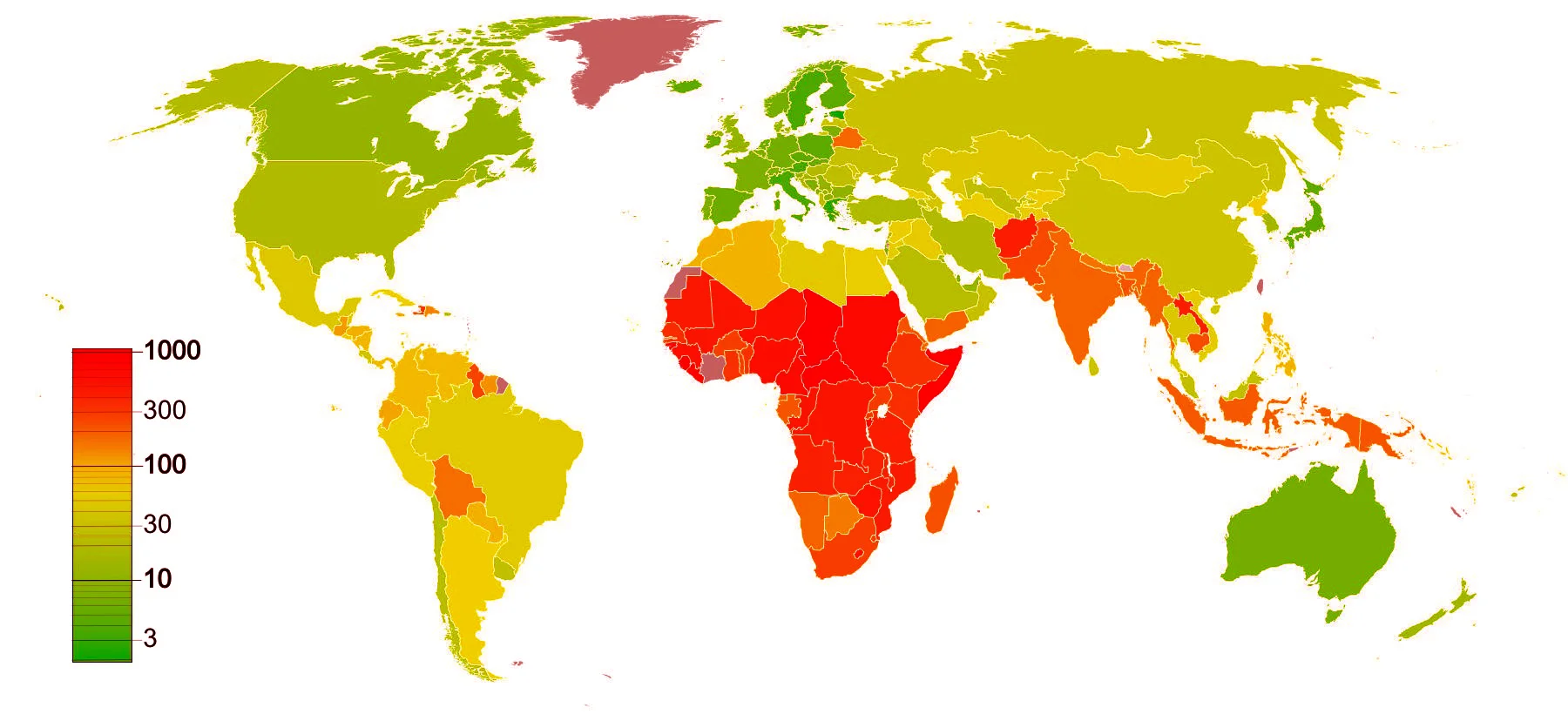 Maternal Mortality Rate worldwide, given as "the annual number of female deaths per 100,00 live births from any cause related to or aggravated by pregnancy or its management. the MMR includes deaths during pregnancy, childbirth, or within 42 days of termination of pregnancy, irrespective of the duration of the site of the pregnancy, for a specified year." (CIA World Factbook, 2010). 