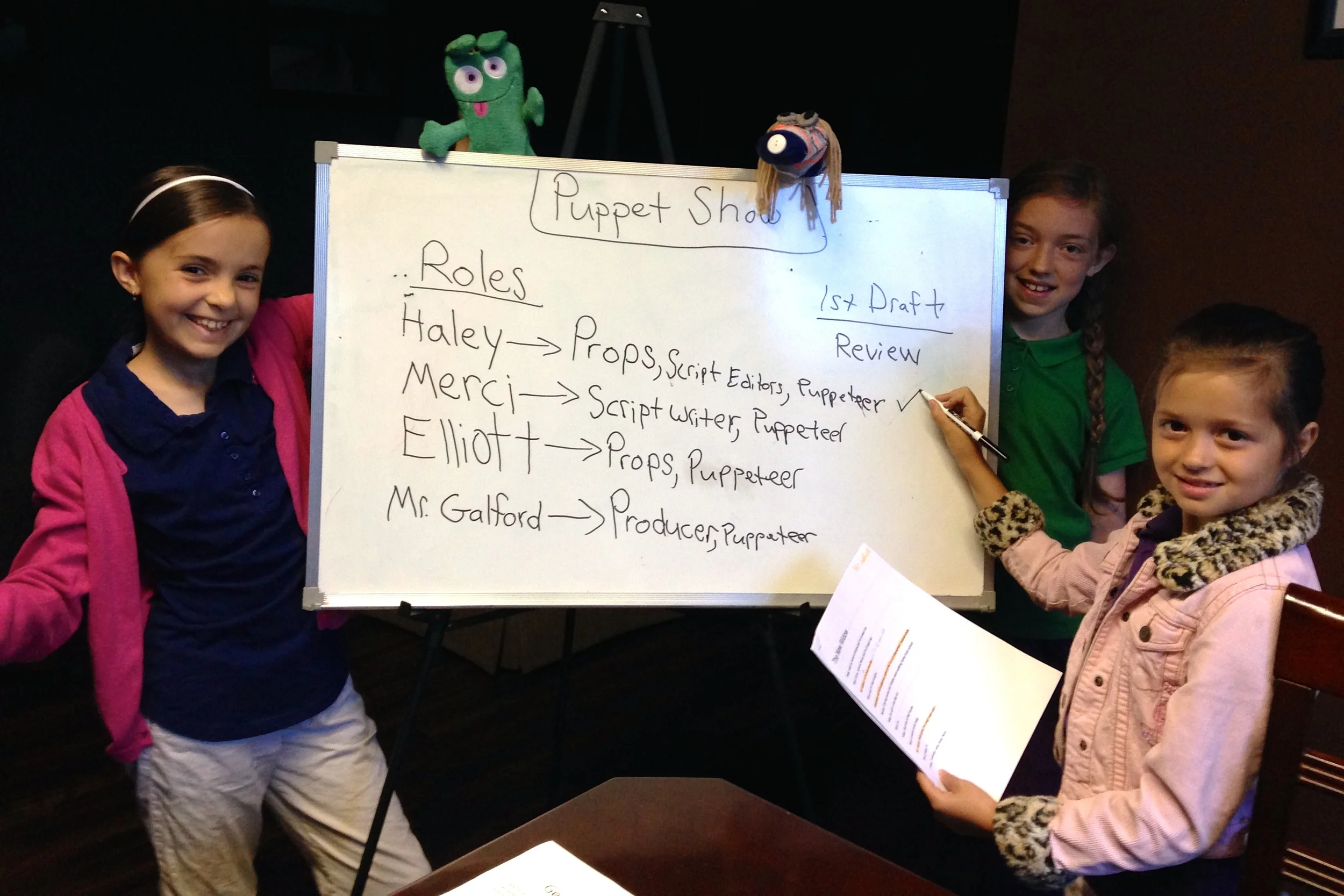 Students Elliott Davis, Merci Warren and Haley Smith applied careful attention to planning their segment of the puppet show. They divided up the responsibilities, developed characters, collaborated on the script, and then created puppets that fit within the framework they'd established. The result was a thoughtful, evocative story, well told through the medium of puppets.