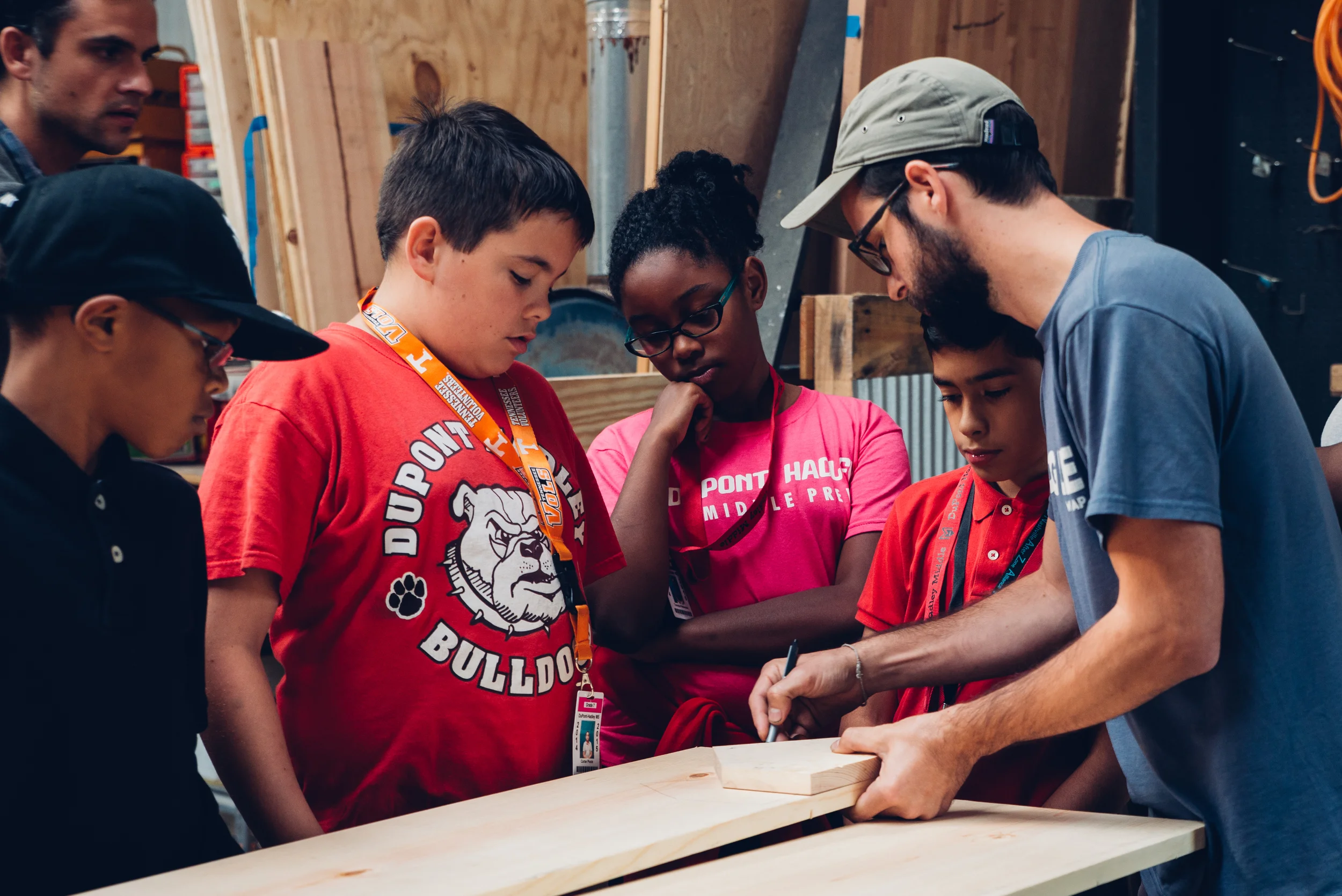 Nick Sherrod, a woodworker, teaches students how to construct their own toolbox. Working hands-on with tools was a highlight for many of the boys this semester. 