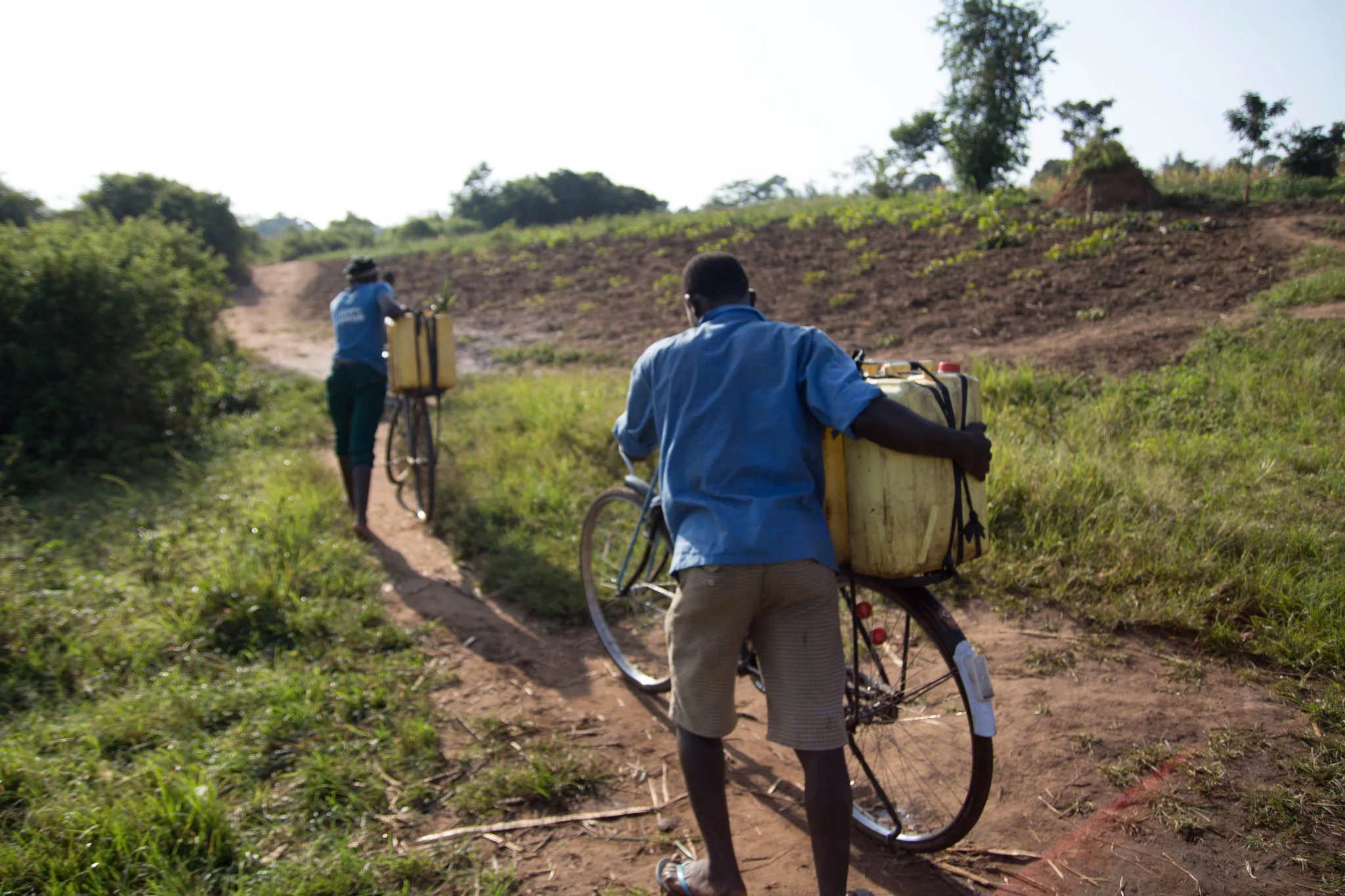 Jerry cans are a common Ugandan container for collecting and carrying water from wells to homes that have no water supply. Jerry cans hold five gallons of water and weigh over 40 lbs. Most men in Uganda carry two cans at a time, or use a bicycle to balance three. Women carry one and children usually carry one-half of a can, still weighing over 20 lbs.