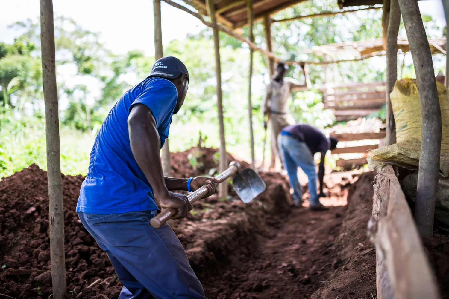 Andrew, Henry and Tom, students at the Institute for G.O.D. East Africa, are constructing the floor in our piggery. It is an organic method that introduces indigenous microorganisms for odor control and increased sanitation. 