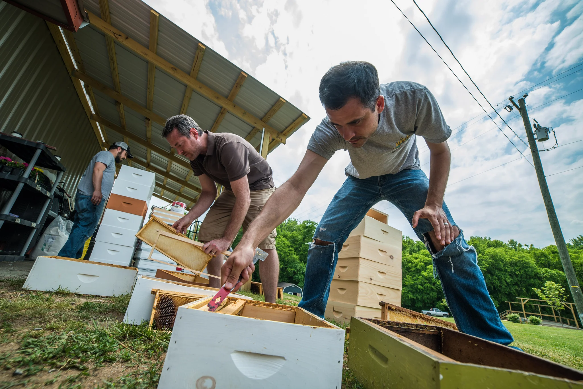 Jeff Sherrod (right) prepares the 25 hives for their permanent location. 