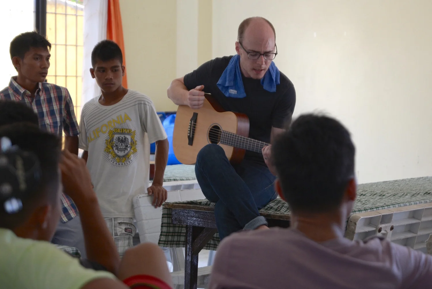 Intern Richard Gowen singing some of his original songs for our songwriting and recording workshop. 