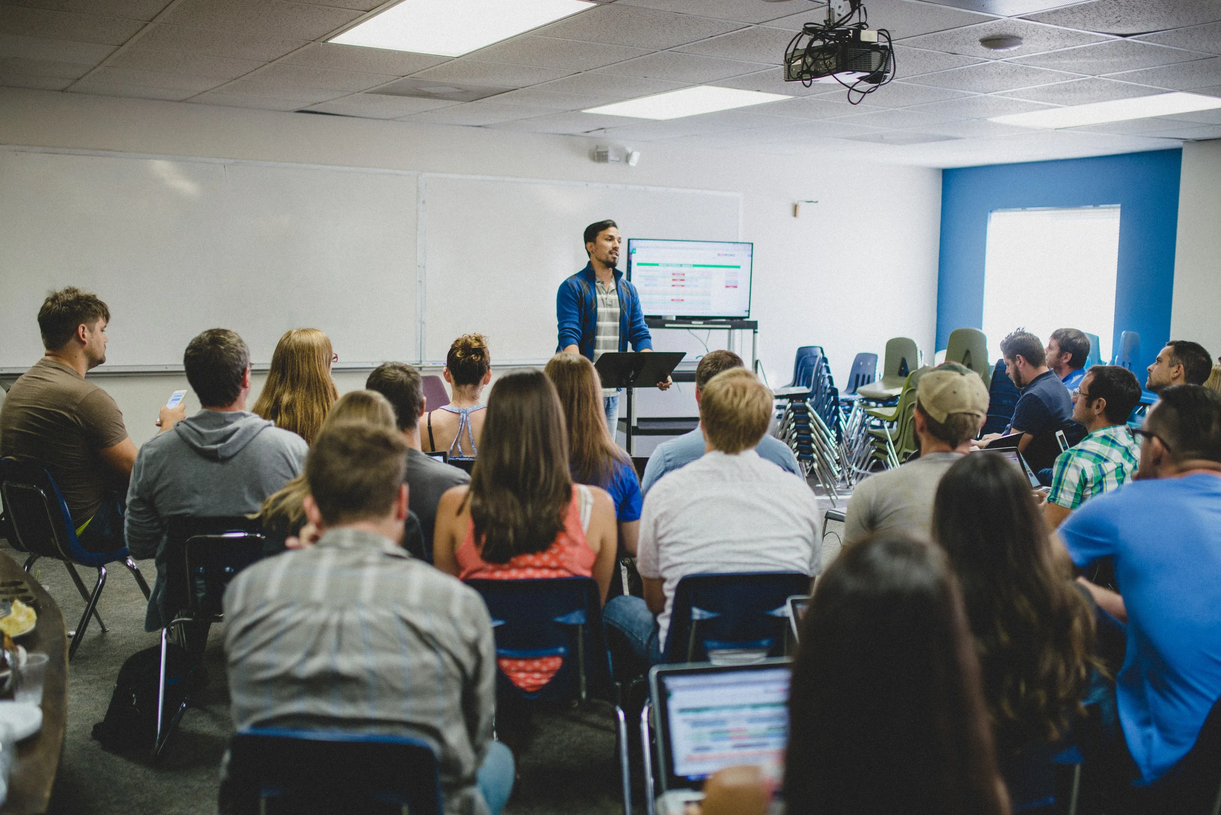 Headmaster Gregg Garner discusses school distinctives and curriculum goals at one of the training sessions offered during the teacher in-service week. 