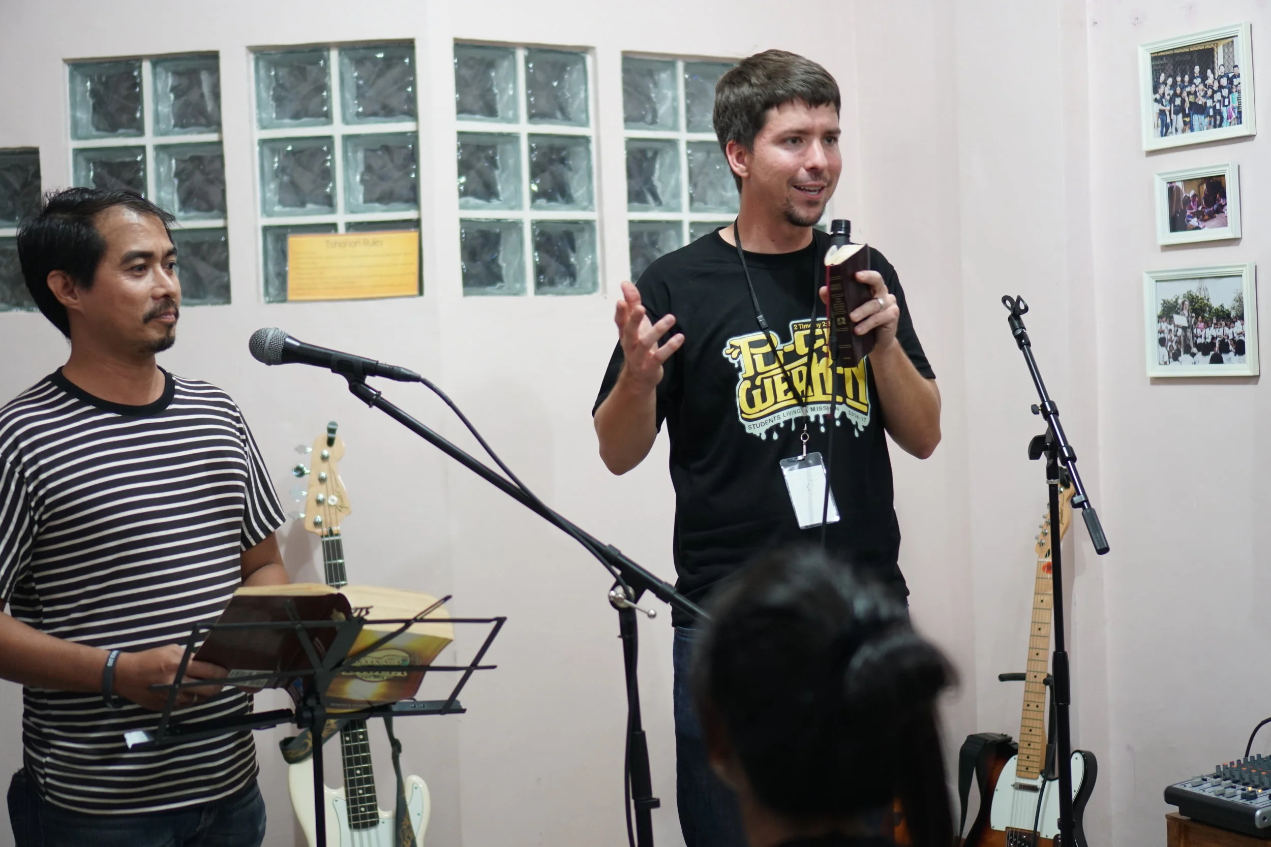 Long-time friend Pastor David Pica translates for team member Ty Mathews during a time of Bible study for youth at our youth service weekend. 