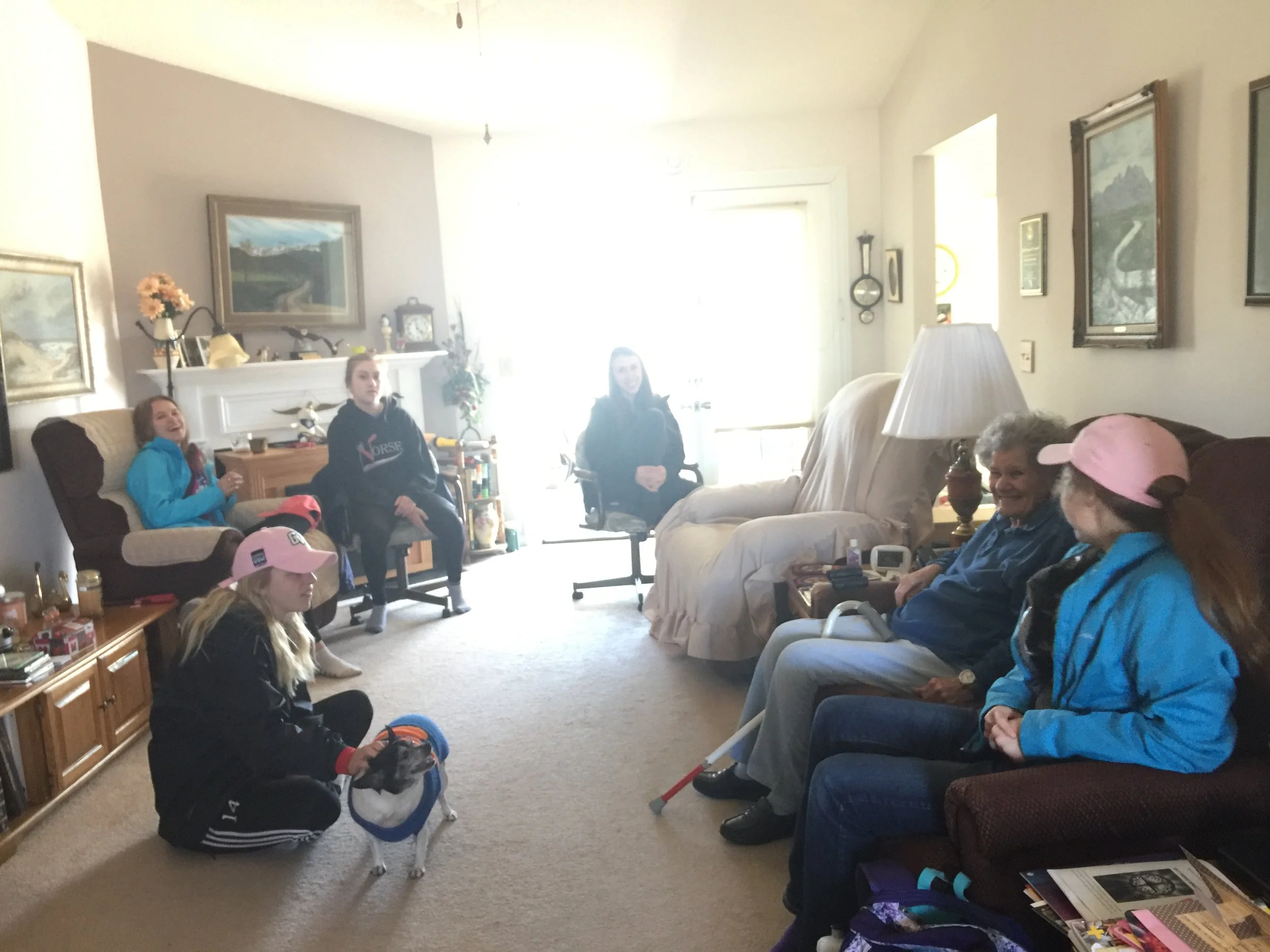 Fran is a legally blind widow who lives alone and has no family in the area. Her spirits were lifted as these girls shared laughter and conversation with her. 