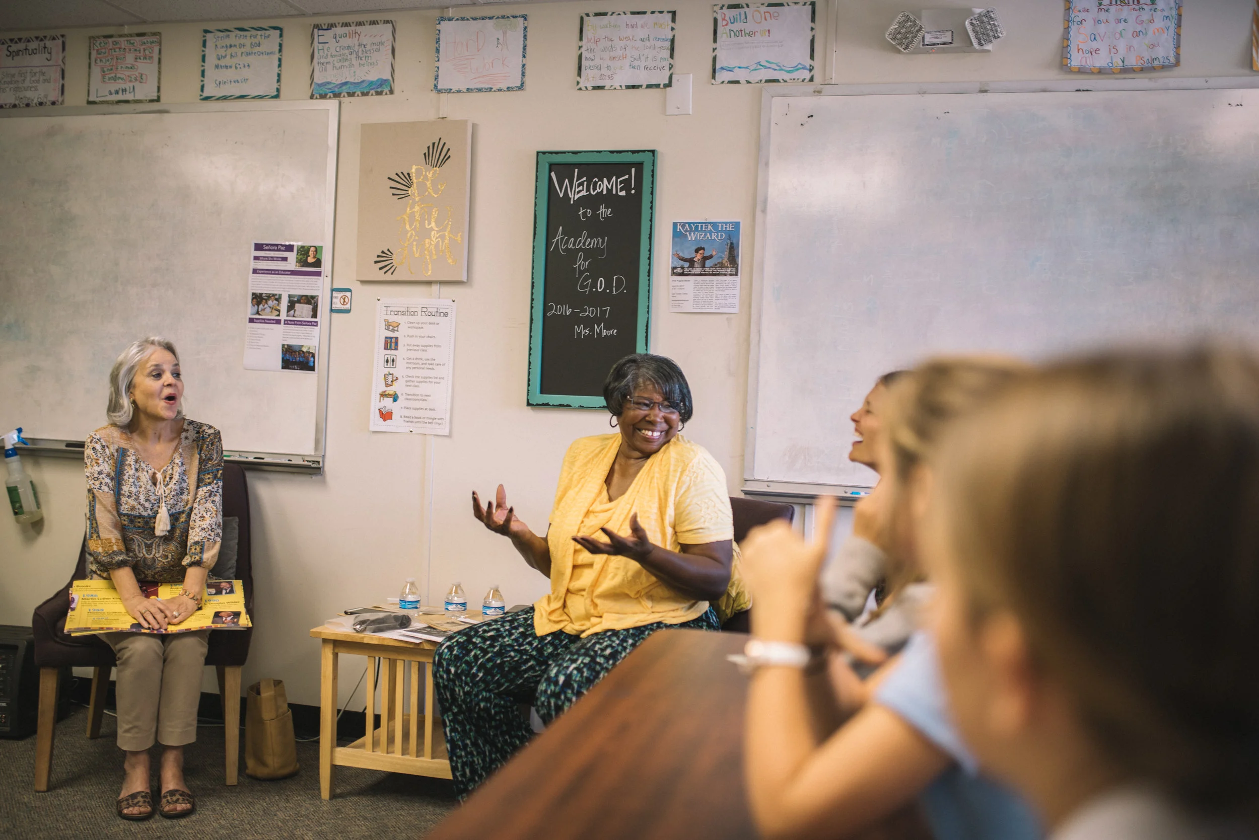 One special afternoon, Principal Johnson and Mrs. Rosemary Sherrod combined their Literature and History courses to host a special guest from the Hopewell neighborhood where the Academy for G.O.D. is situated. Ms. Francis came to the class with stories to share from her experience living during the civil rights movement, coinciding with a historical fiction book set in 1963 Mississippi that the students had been reading. Ms. Francis emphasized the importance of treating one another well, working hard and having a strong faith. The students not only asked questions, but also appreciated her story and prayed with her.
