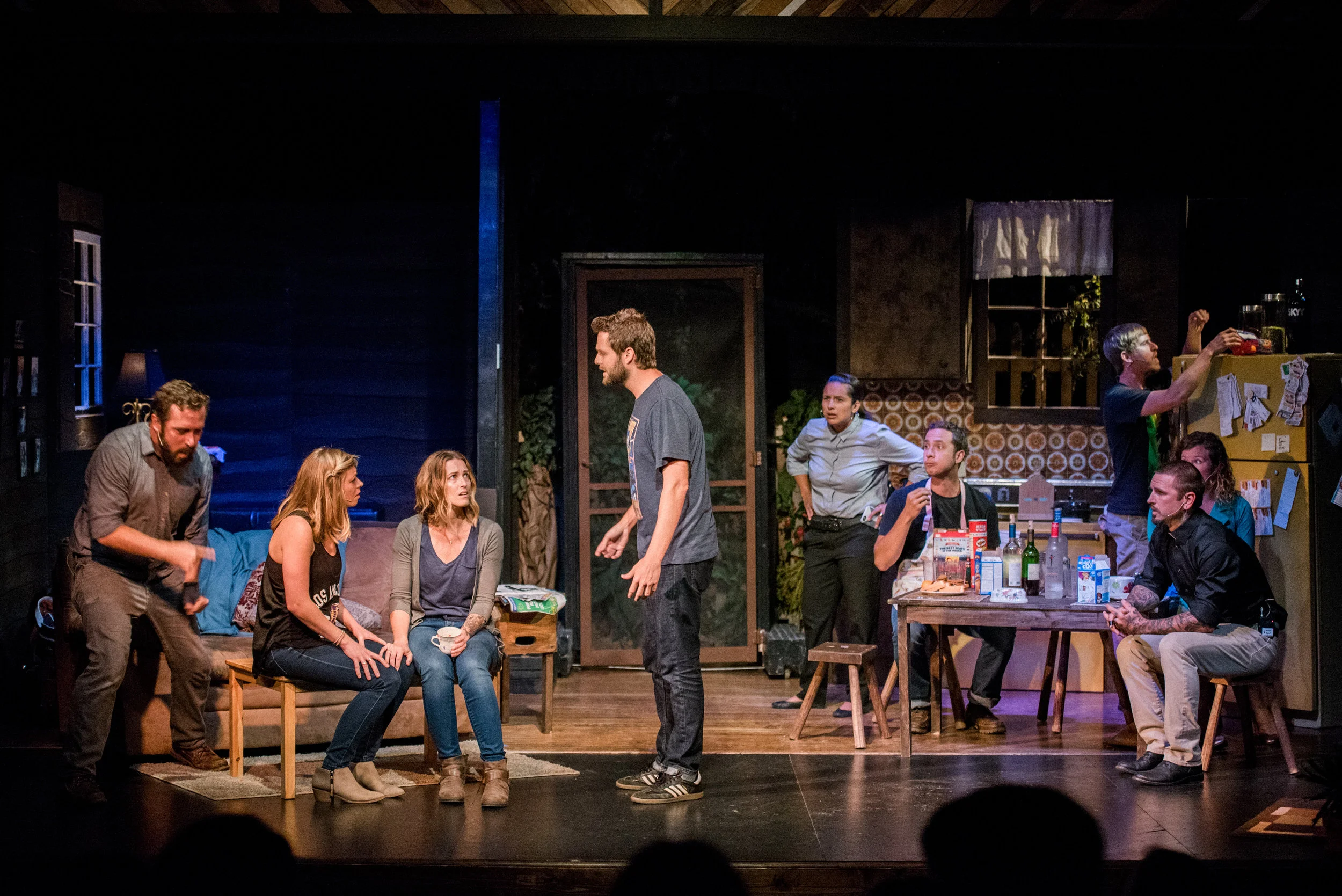 The four Clark siblings (left) and their various friends, significant others, detectives and neighbors share the stage, all of them affected by the "dysfunctional functionality" of family dynamics. 