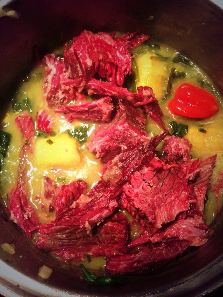 Salt Beef Oil Down with Green Banana