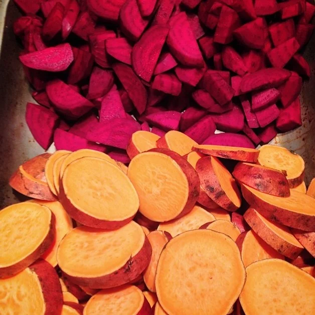 Autumnal coloured sweet potato and beetroot
