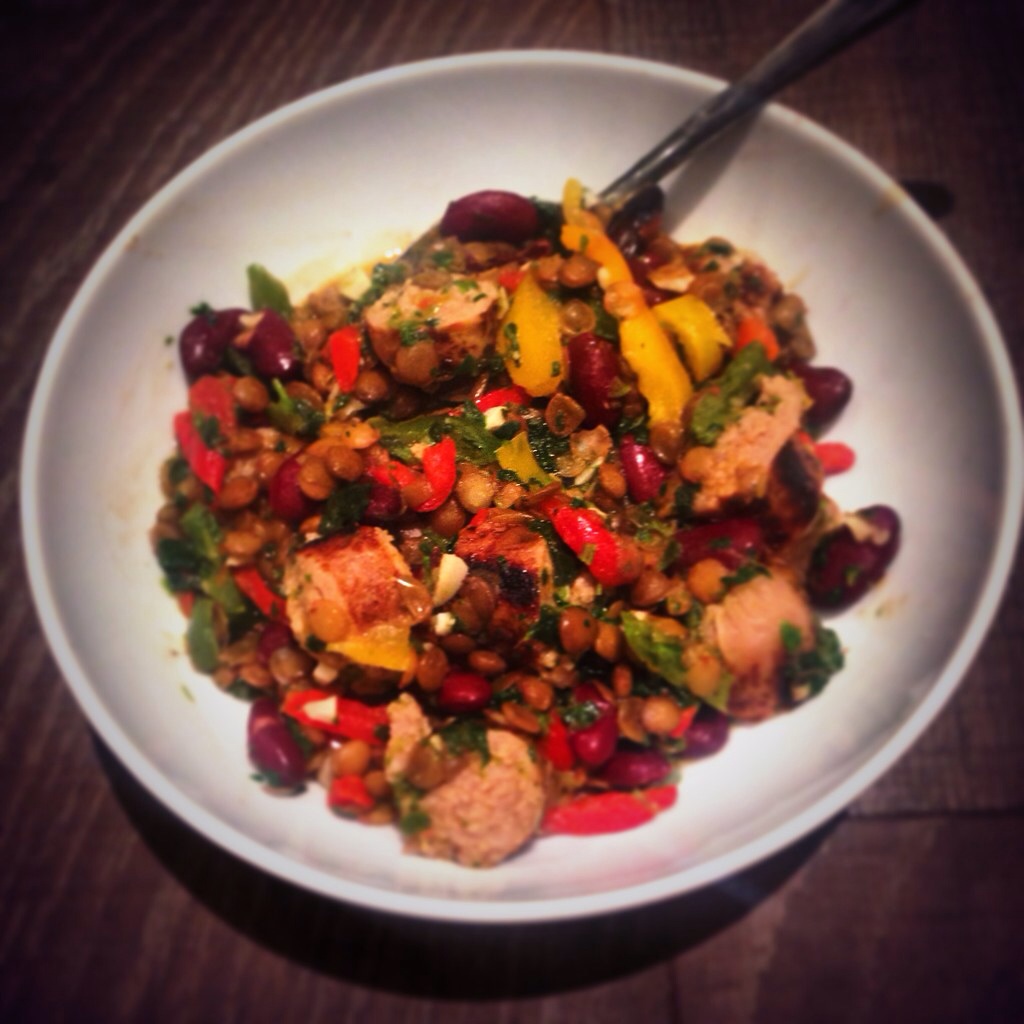 Sausage, lentils, red bean one-pot with spinach, peppers and garlic.