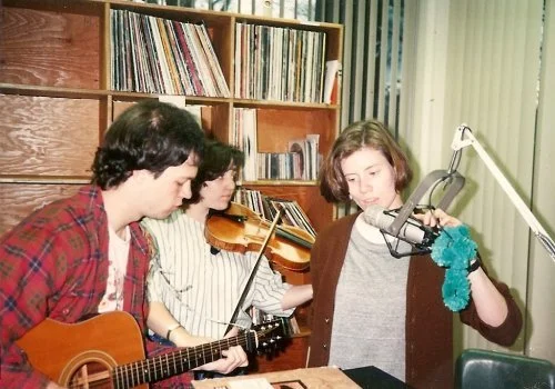 (l-r) David Hooker, Ames Asbell, Dorothy Booraem from Biffen Gjaney play live in the studio of WPLS radio.