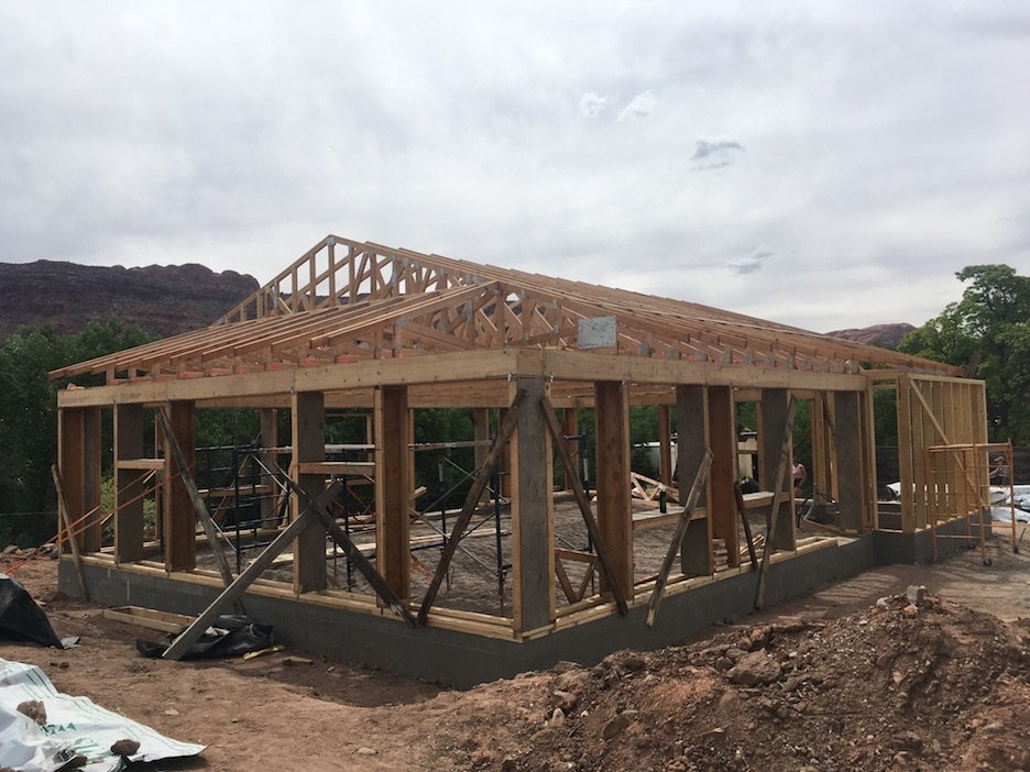  Beams and roof trusses installed. 