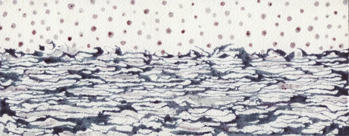 "Horizon line; East river." custom-made blueberry inks with quill pen on Arches watercolor block. 4" x 9", 2014.
