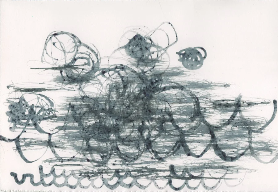  "Freeze frame: dutch colonial." Blueberry ink on paper. 7.5"h x 11"w, 2014.