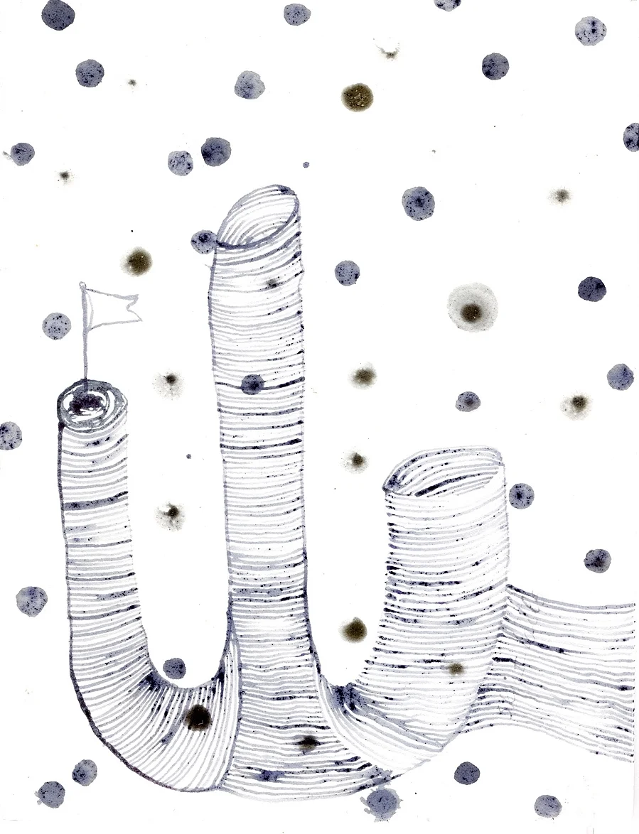 "The longing". Blueberry ink, quill pen on paper. 10"h x 8"w, 2014.