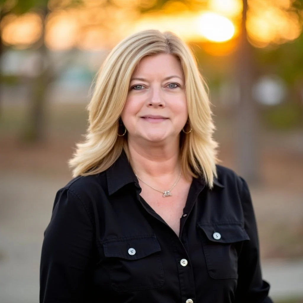 A woman with blonde hair wearing a black shirt, standing outdoors during sunset or sunrise with a blurred background of trees and warm light.