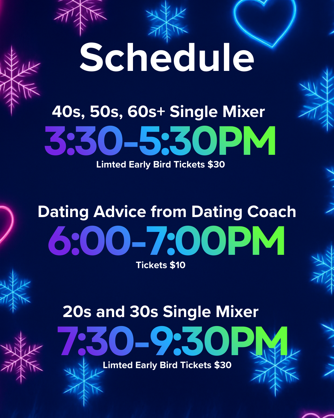 Schedule for dance classes and coaching sessions with time, age groups, and ticket prices, against a dark background with neon snowflakes and heart shapes.