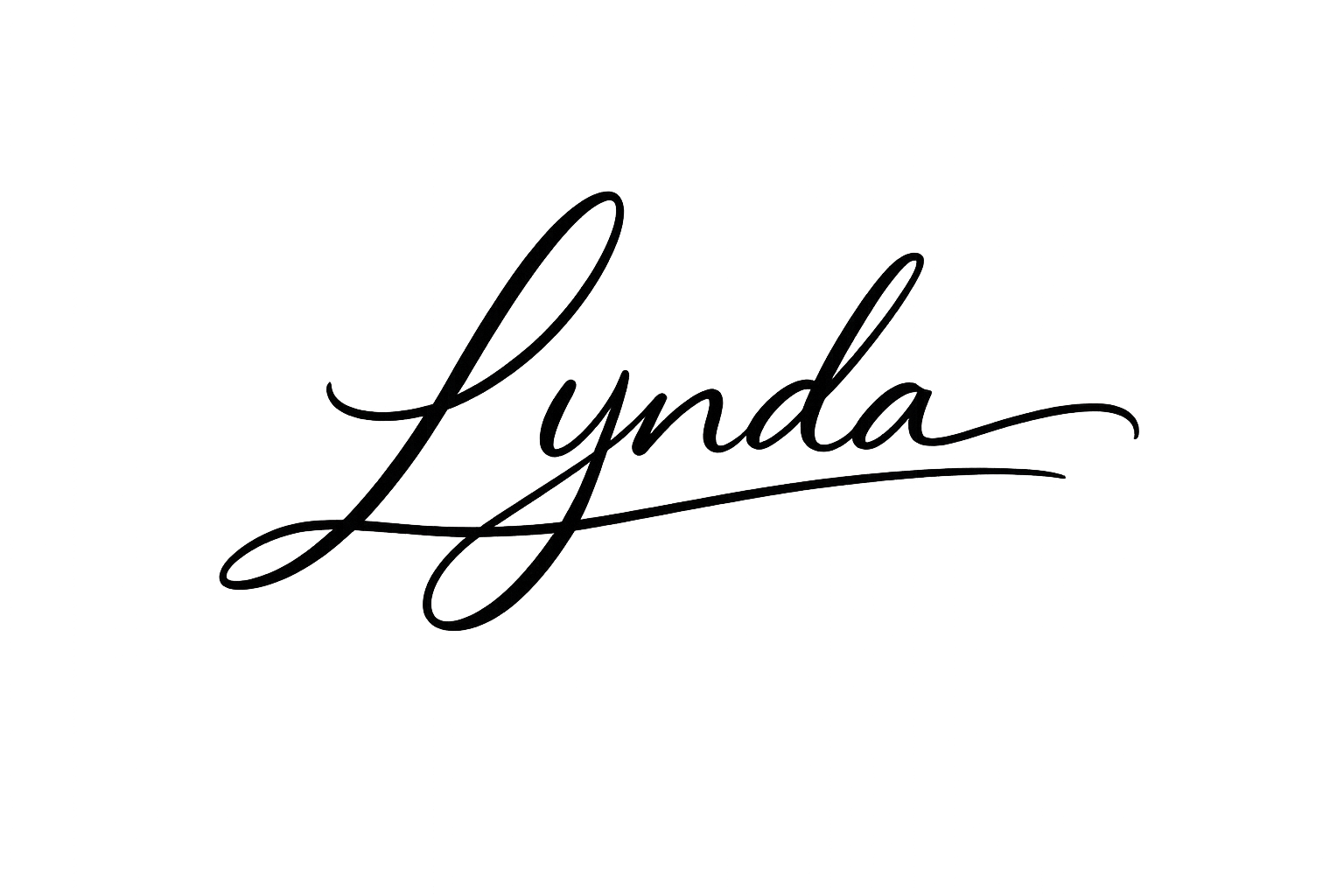 White cursive text spelling "Lynda" on a black background.