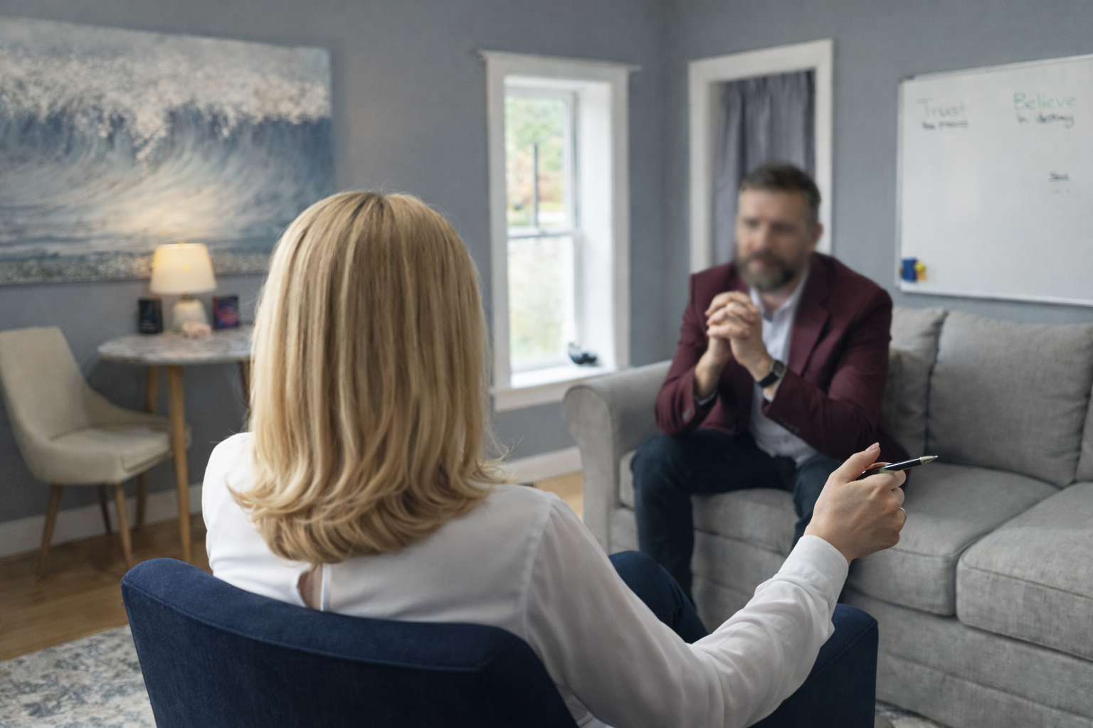 A woman with blonde hair sitting in a chair and holding a pen, talking to a man with a beard, wearing a maroon blazer, sitting on a gray couch in a therapy or counseling session in a living room with blue walls, a window, a whiteboard, and a large ocean wave painting.