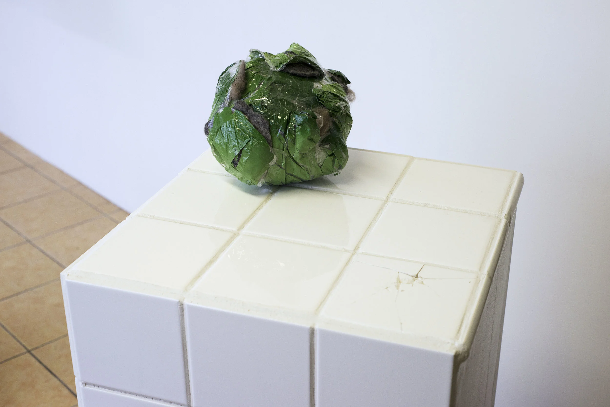 "Fight or Flight" (detail), 2016, Screen-printed fabric and plastic wrap, ink and tea dyed felted wool, tape, thread, tile, grout, graphite, paint, MDF