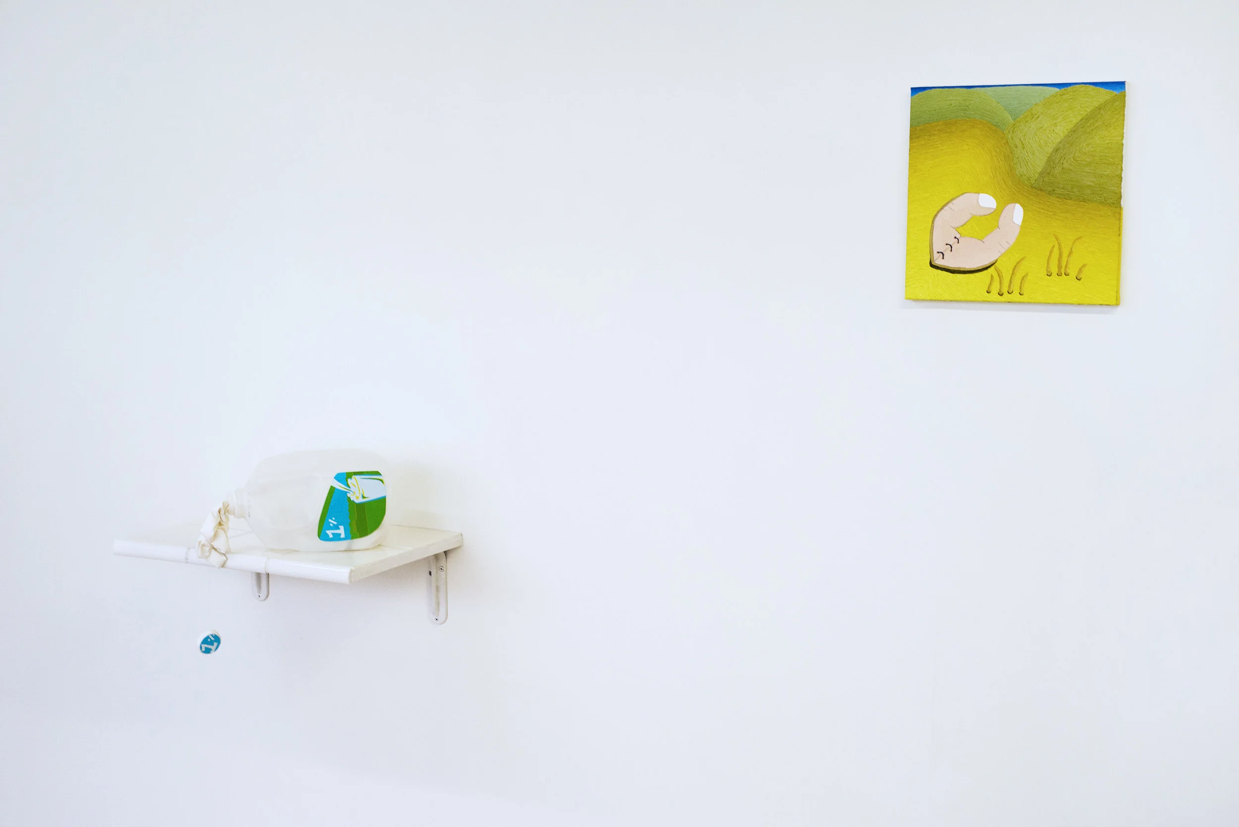 "Splittin'" (Exhibition view at Touchy Feels, Oakland CA), 2016, Screen-printed fabric, 1-gal milk jug, blackout fabric, tile, grout, MDF