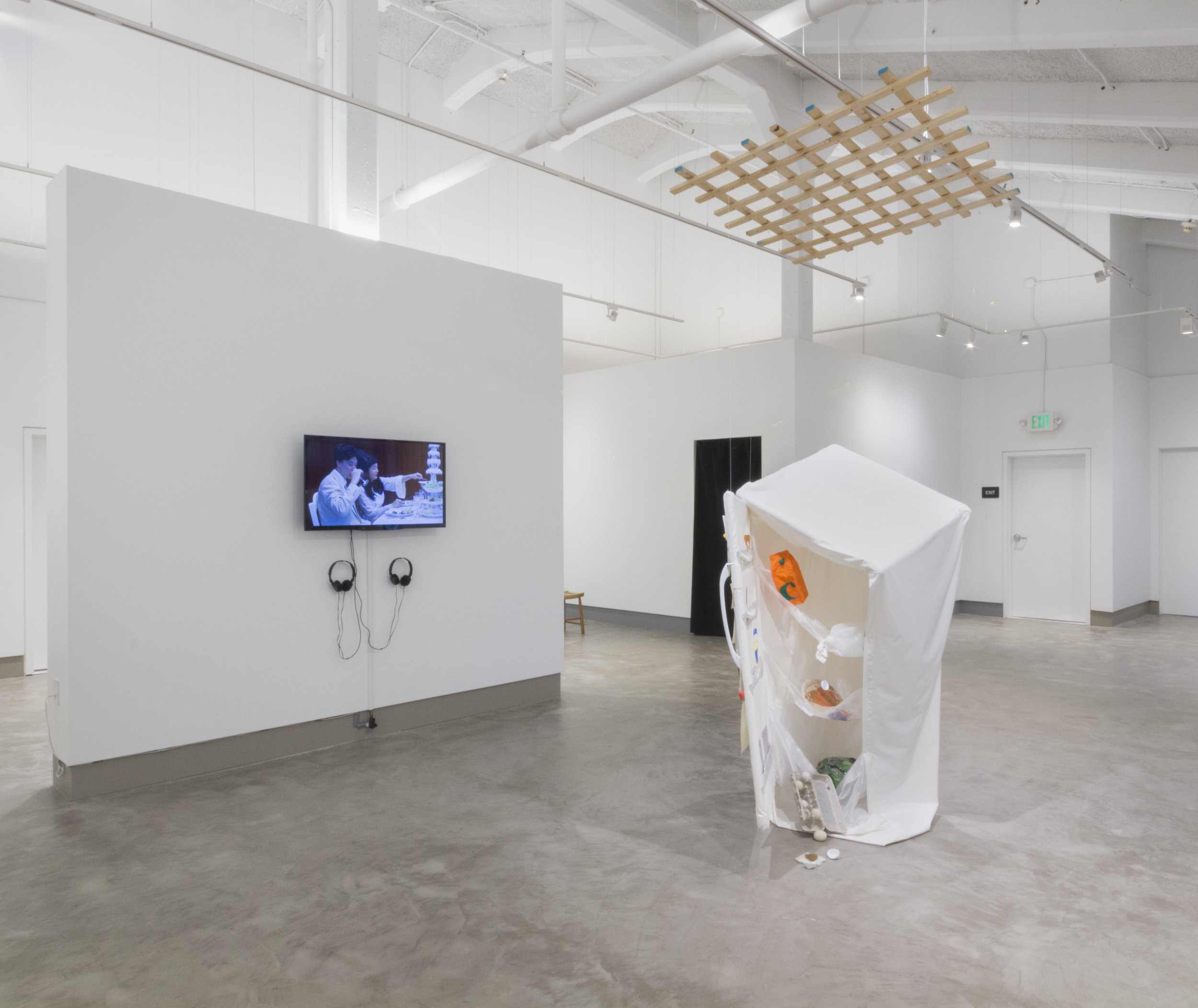 “Purging” (Exhibition view at Embark Gallery, San Francisco, CA), 2016, Screen-printed fabric, cardboard, milk jug, clay, felted wool, ink thread, pvc, monofilament, fridge light, Dimensions variable