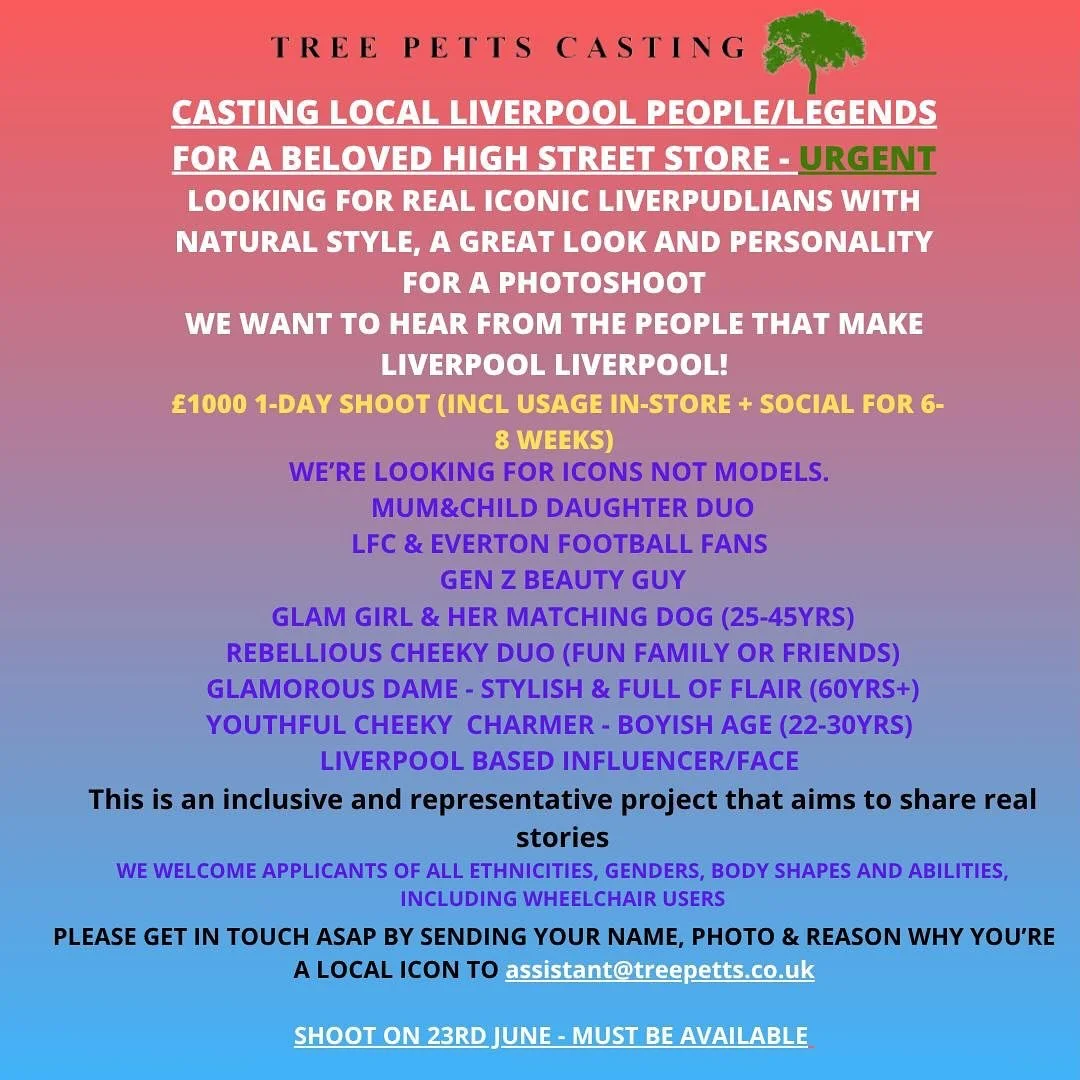 💸 PAID Casting &pound;1000 &ndash; Casting Real People in Liverpool! 💸

Casting #liverpool locals for a photoshoot! 

Looking for a wide range of local people with their own unique style and great personality to be part of it!

📍 Shoot in Liverpoo