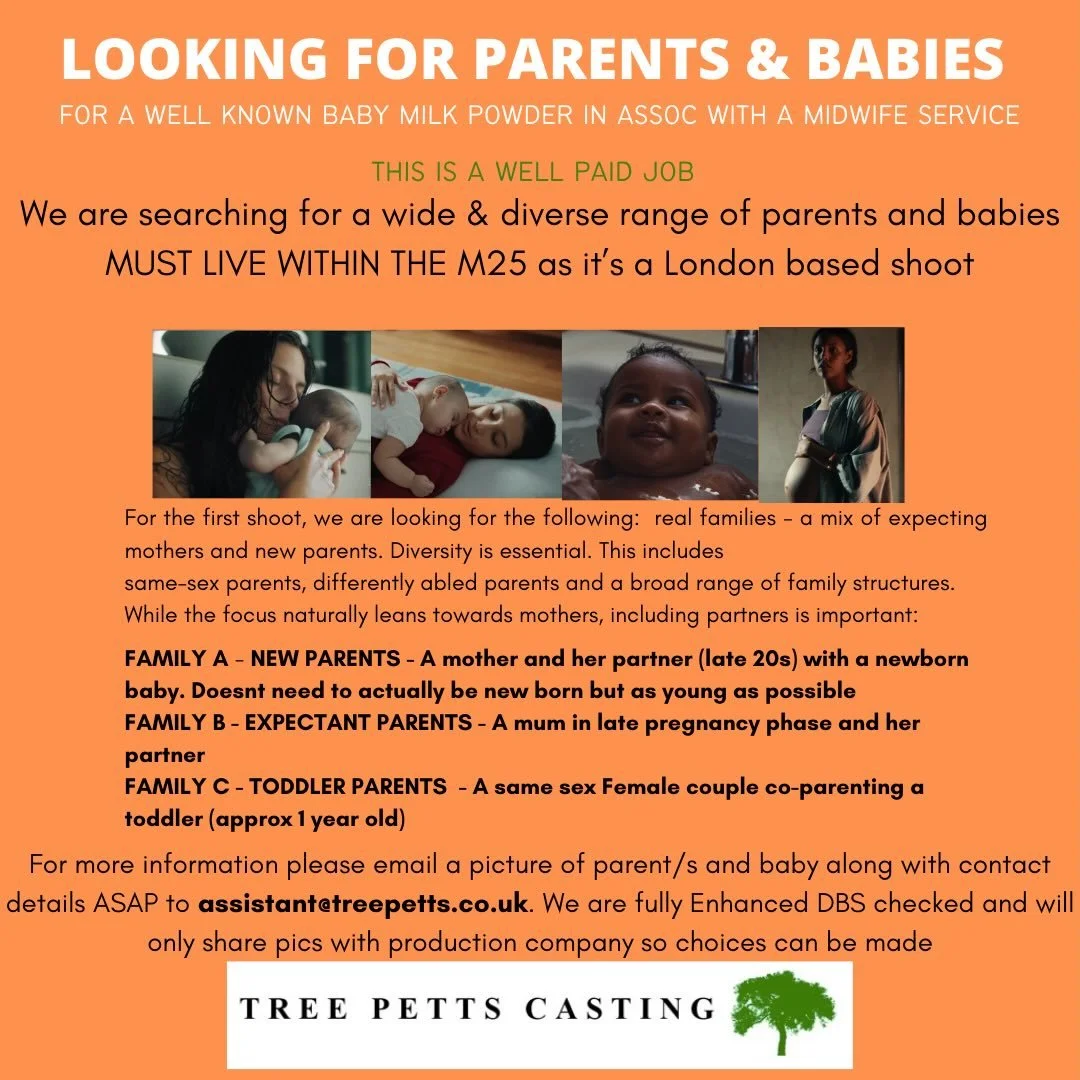 Casting expecting, new, and toddler parents

For a film for an online Midwife Chat Service in collaboration with a formula milk product. 

Well paid opportunity, no acting experience needed.

Must be based within the M25

Shooting W/C 23rd March (lik