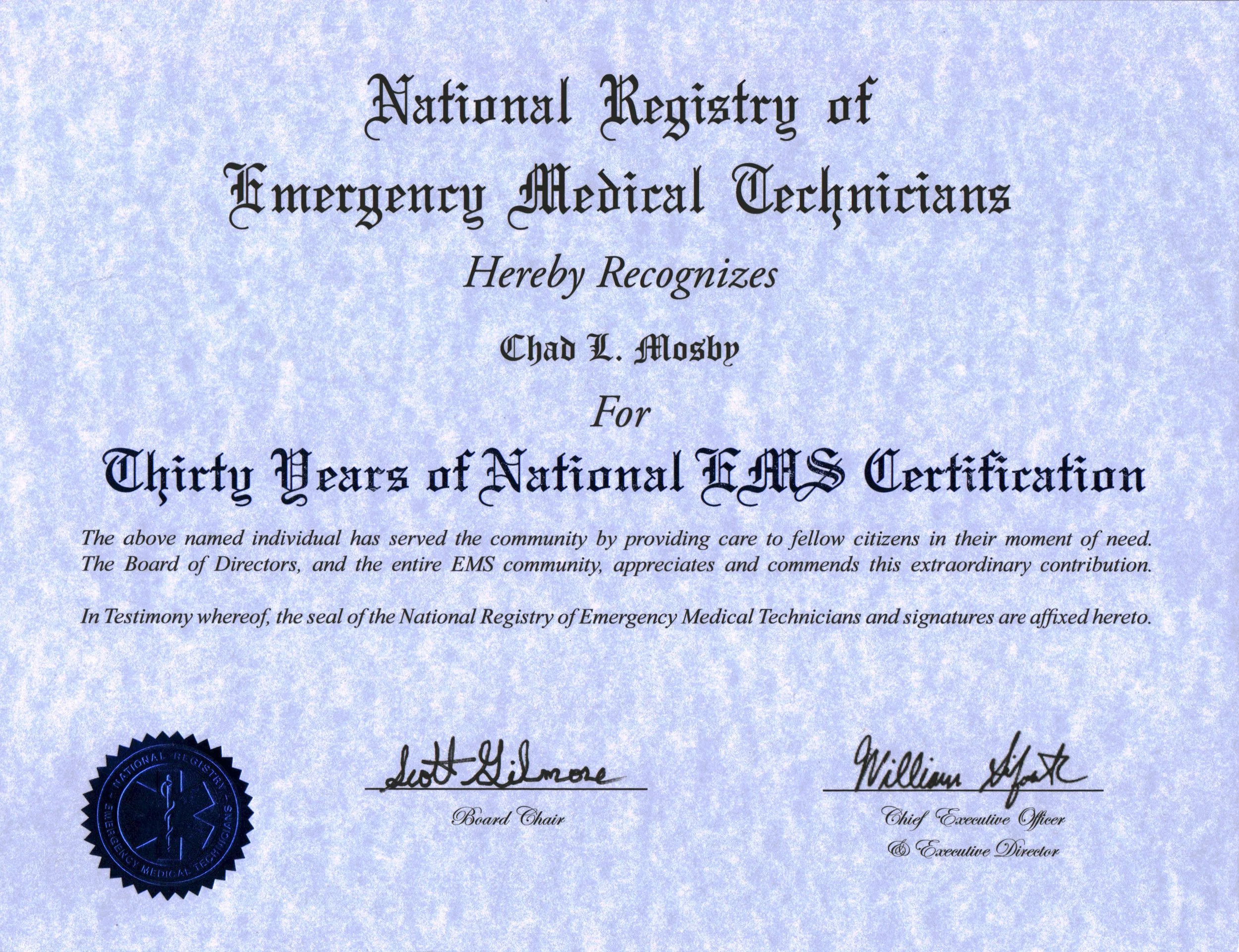El Dorado Fire Chief Chad Mosby Recognized for 30 Years of National EMS Certification