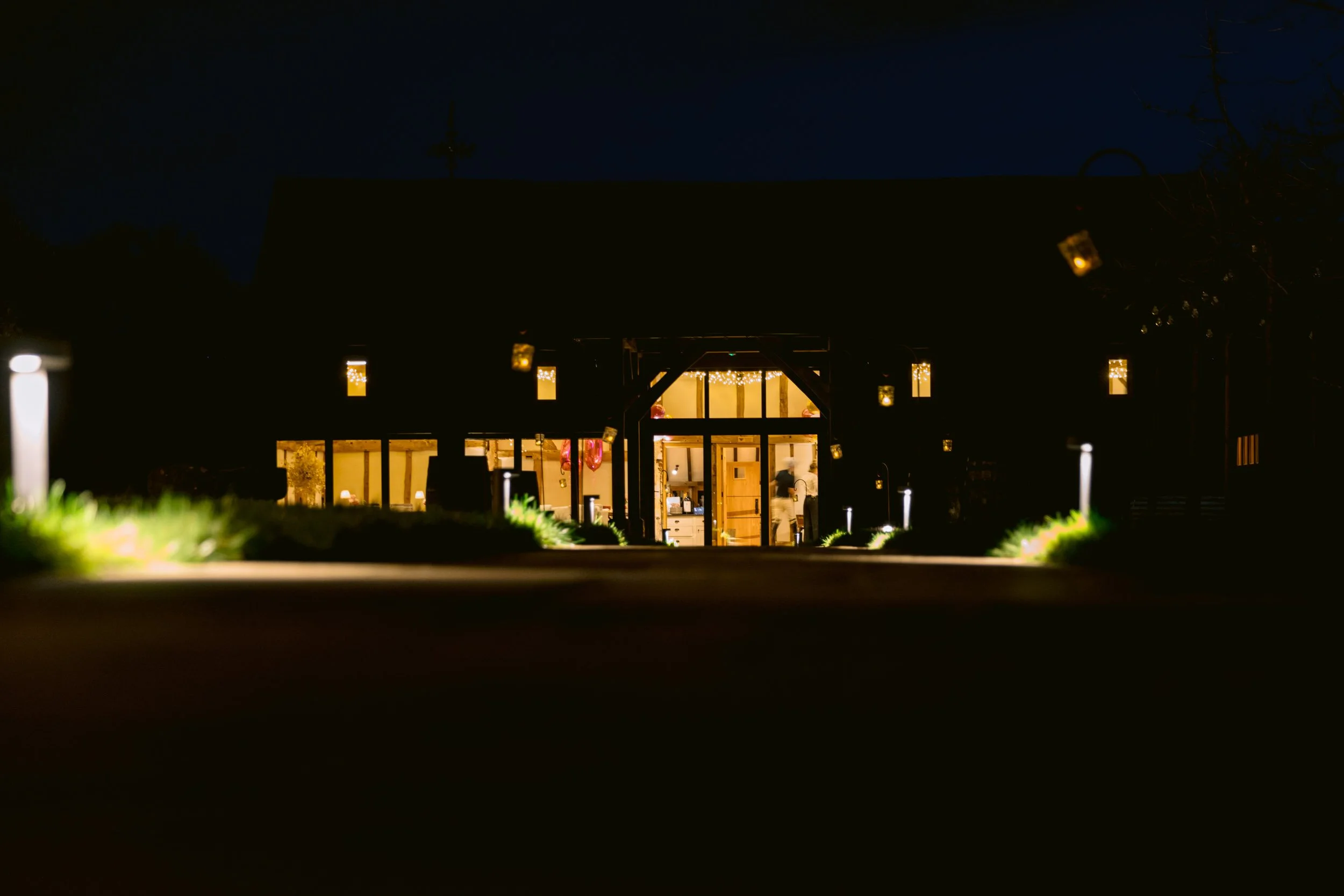 A night shot of Somersbury bark, a wedding and private event hire in Ewhurst Surrey