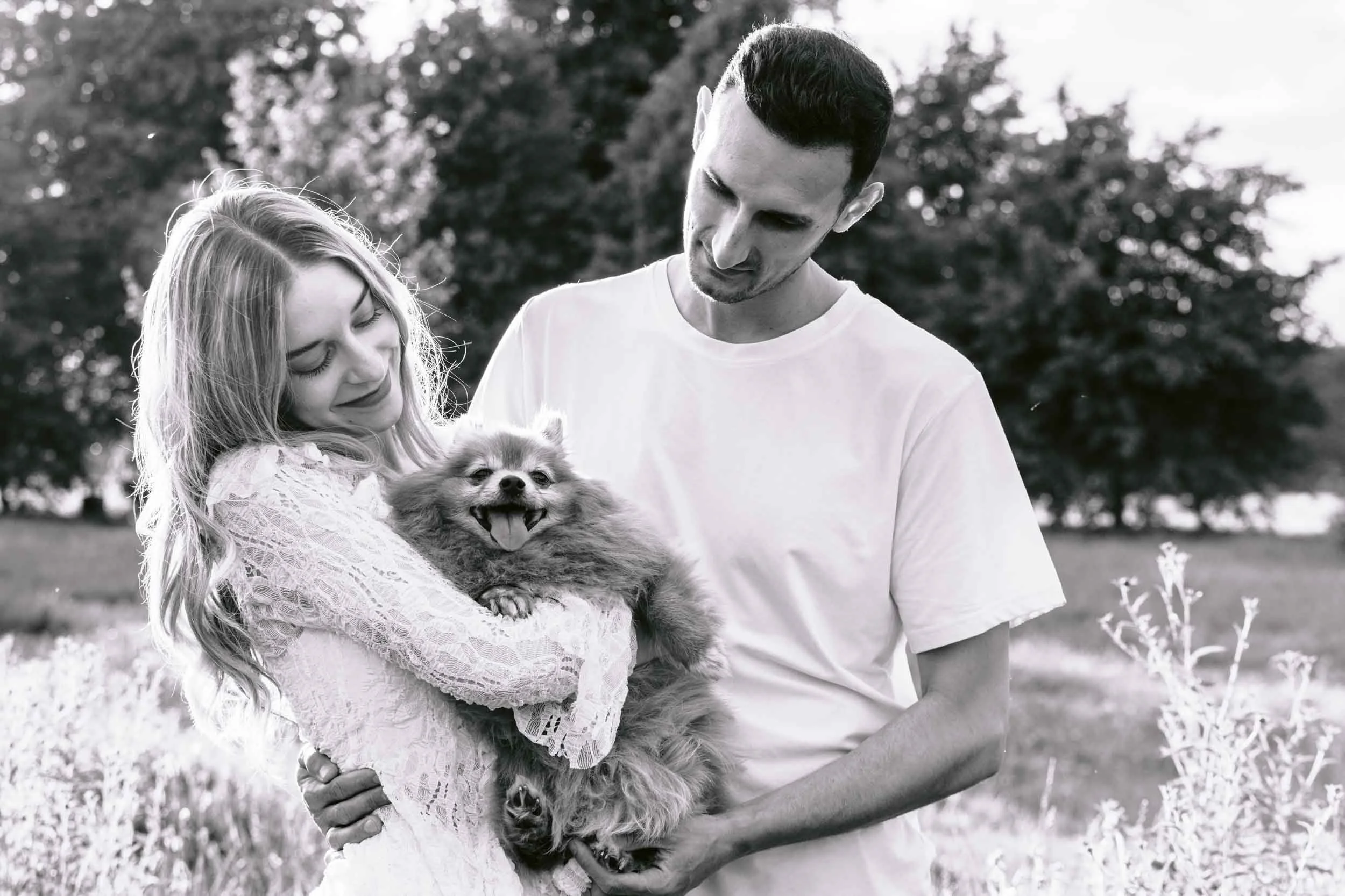 Senior dog and couple during an evening photo session in London