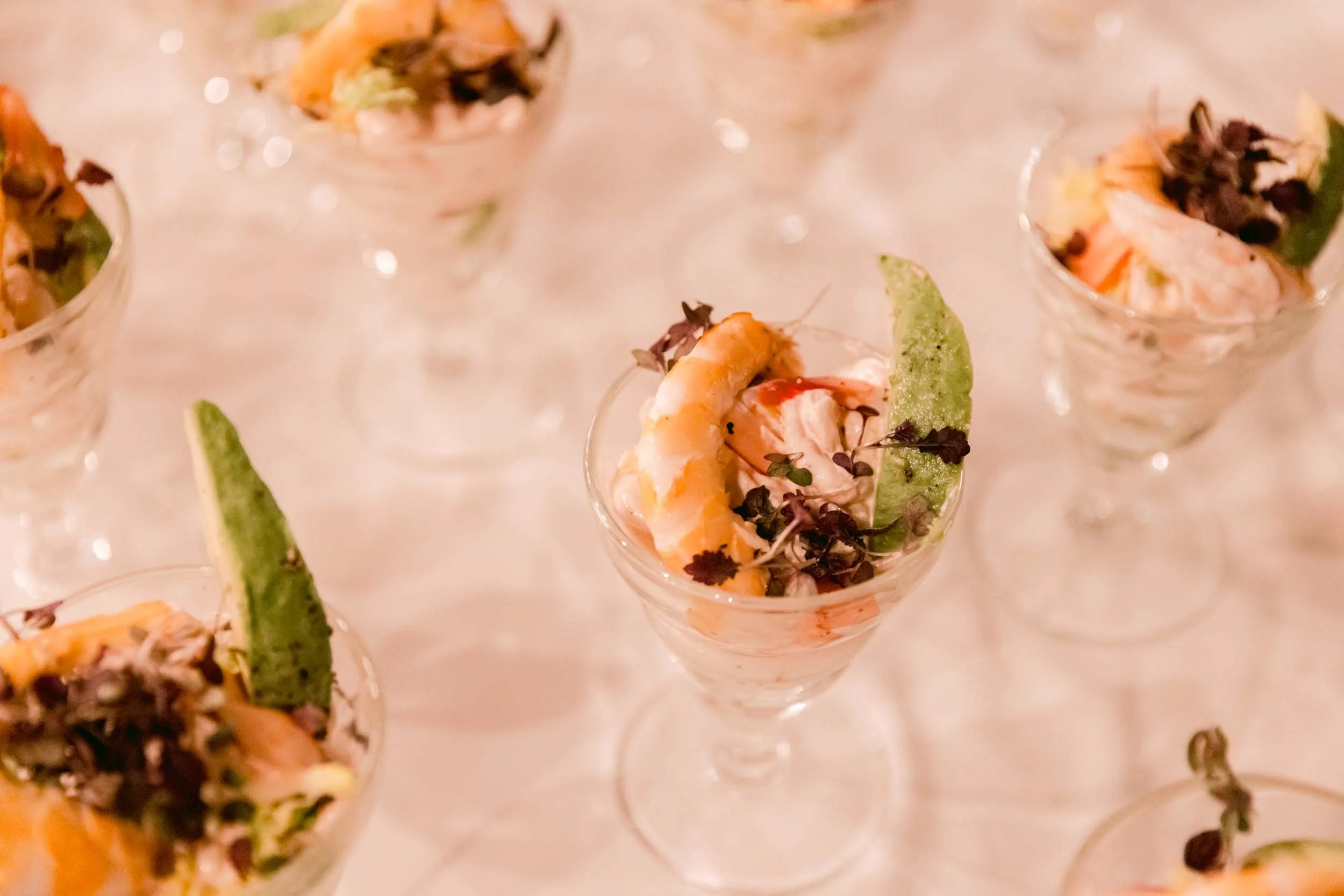 A delicios shrimp starter delivered by Clarissa Rudd catering, at a private event at Somersbury Barn Ewhurst