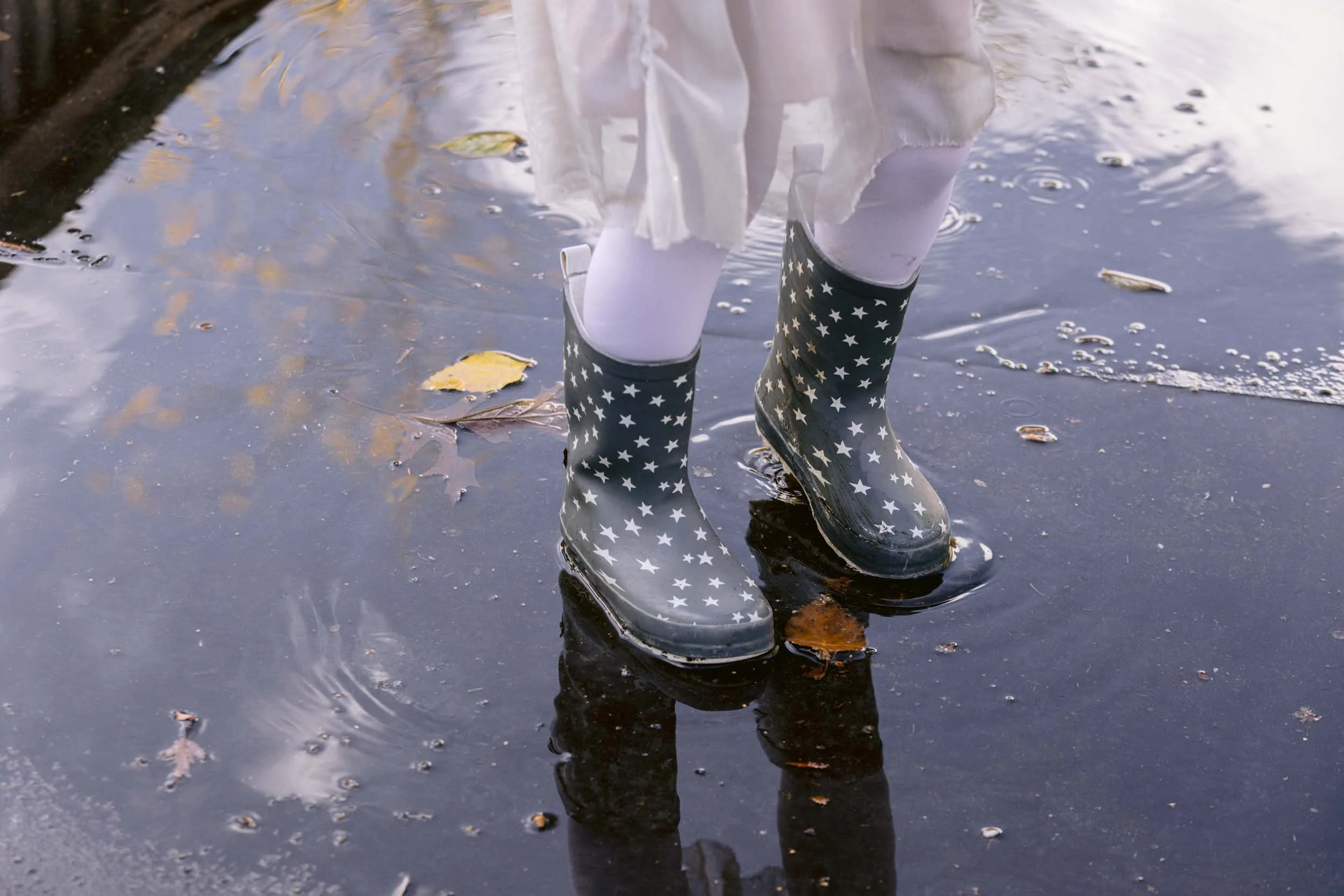 Child splashes in puddles during a family photo session in Regent's park