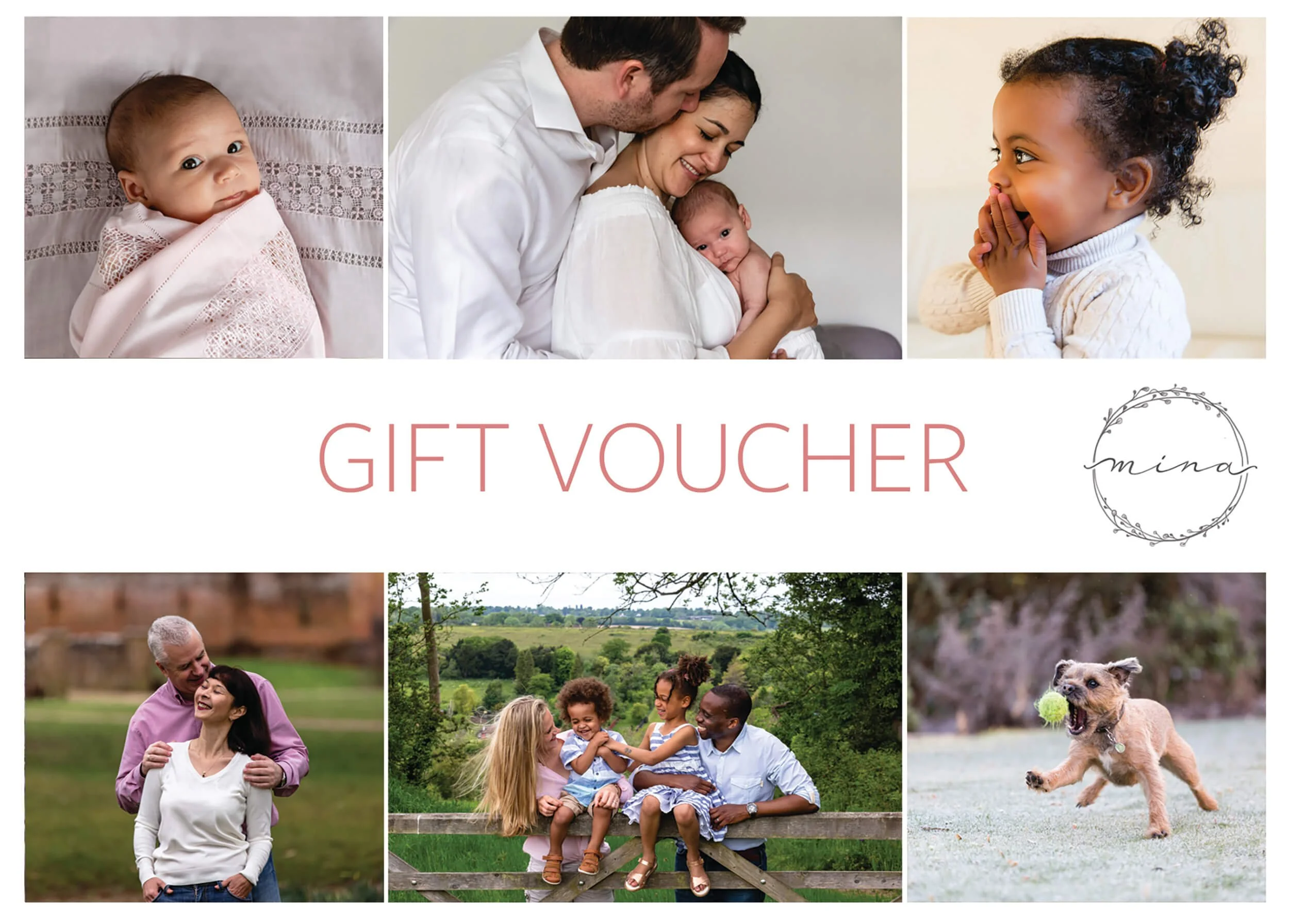 A photography gift voucher available for maternity, newborn, family and pet photography sessions
