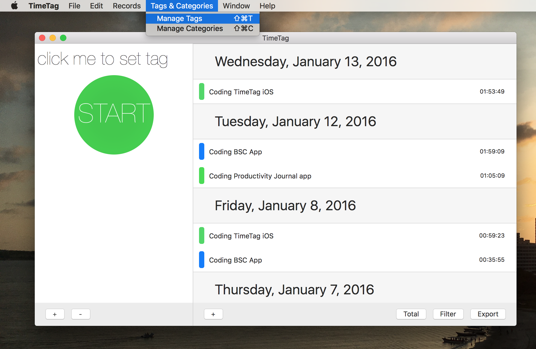 Tags and categories are the main tool for organizing your time records. You can think of Categories as Projects, and Tags as tasks. For example, a Category might be "Work", and the Tags underneath it would be "Emailing", "Coding", and "Meetings". Another Category might be a Client's name, and the Tags might be the various projects you're working on with them. It's up to you!