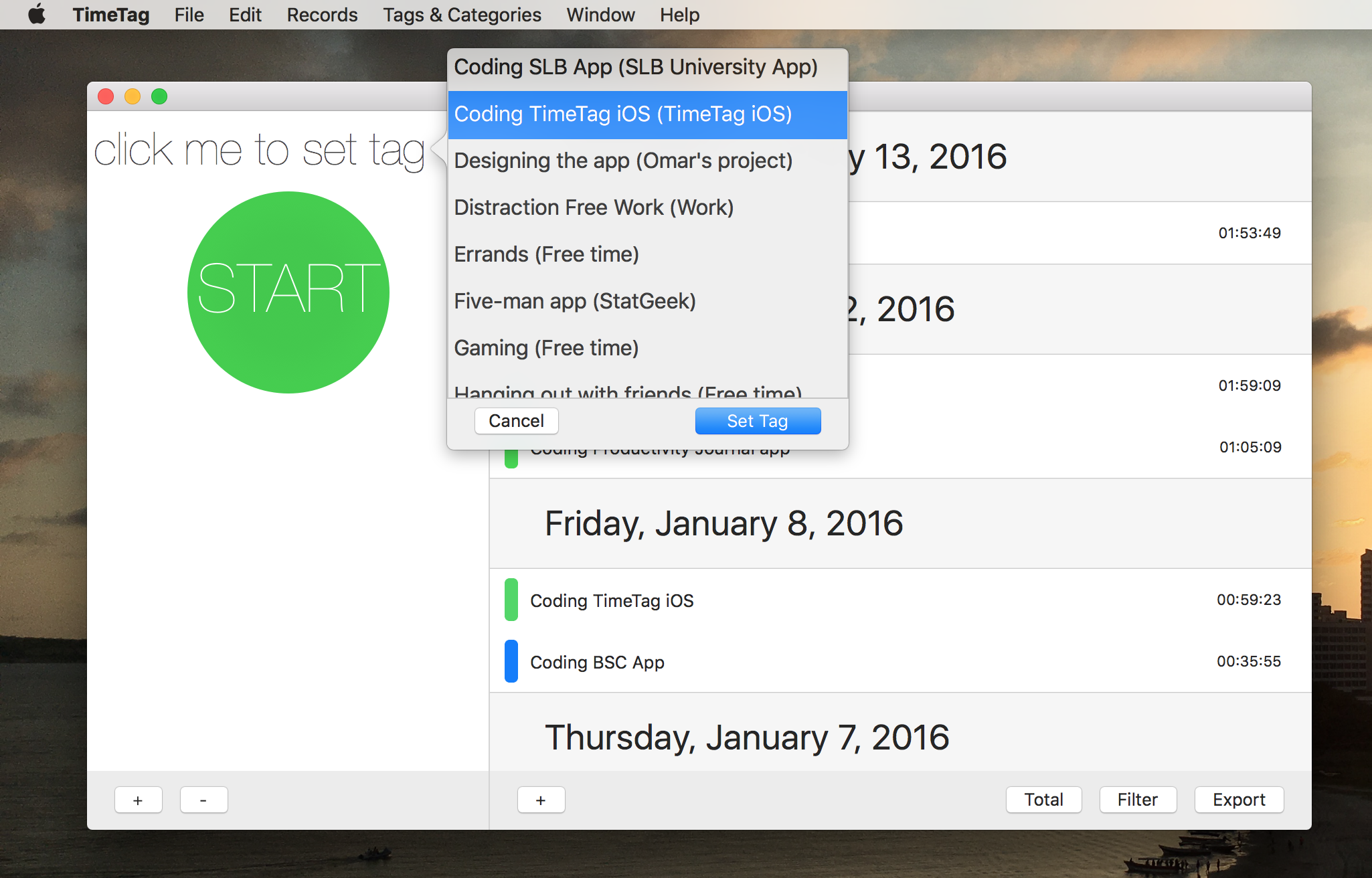 When you have your Tags set up (see below), you simply click to set a tag for your timer. You can set a tag any time during a timer-- even after you click start. It's saved when you press to stop!