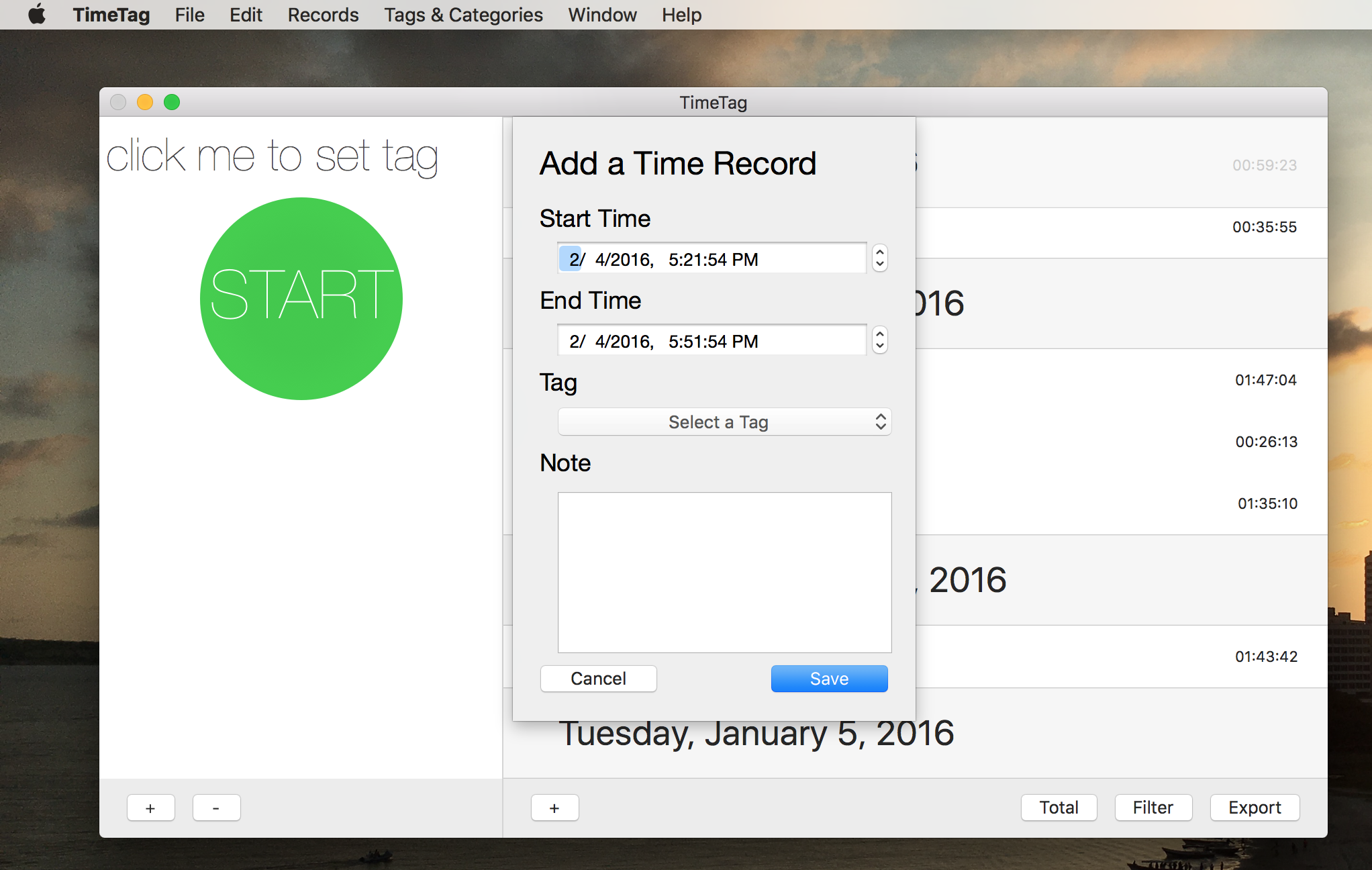 If you ever forget to add a time record, you can add one at any time by clicking the "+" button to the left of "Total". You can also do so by visiting the Menu item Records->Add Custom Record. Simply set the start date and time, its tag and add a note if you want.