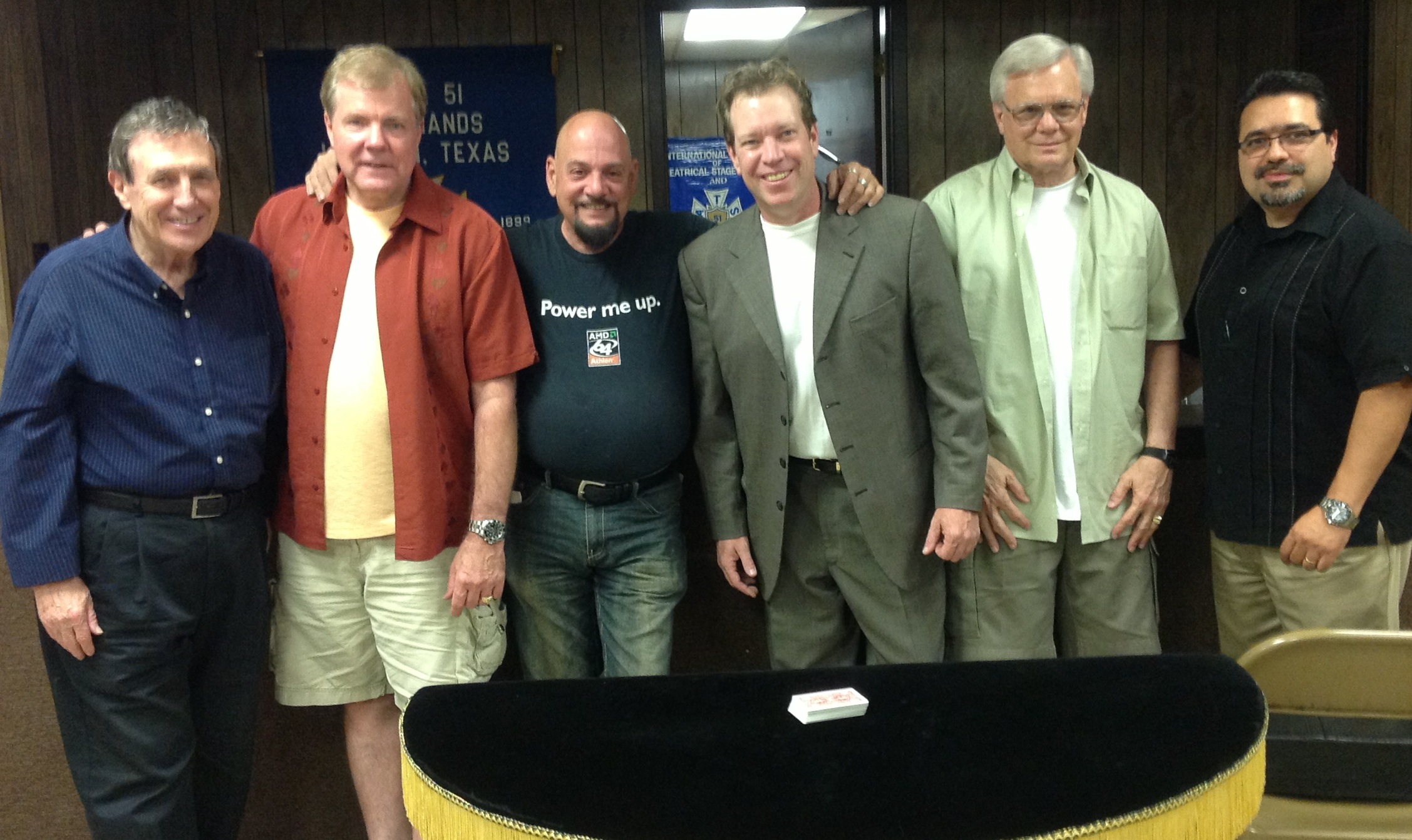 Some of the "old crew" who worked together when John was a frequent visitor to The Magic Island. From left to right, Scott Hollingsworth (former Entertainment Director), Scott Wells, Phil Kampf, John Shryock, Frank Price and Jamie Salinas.