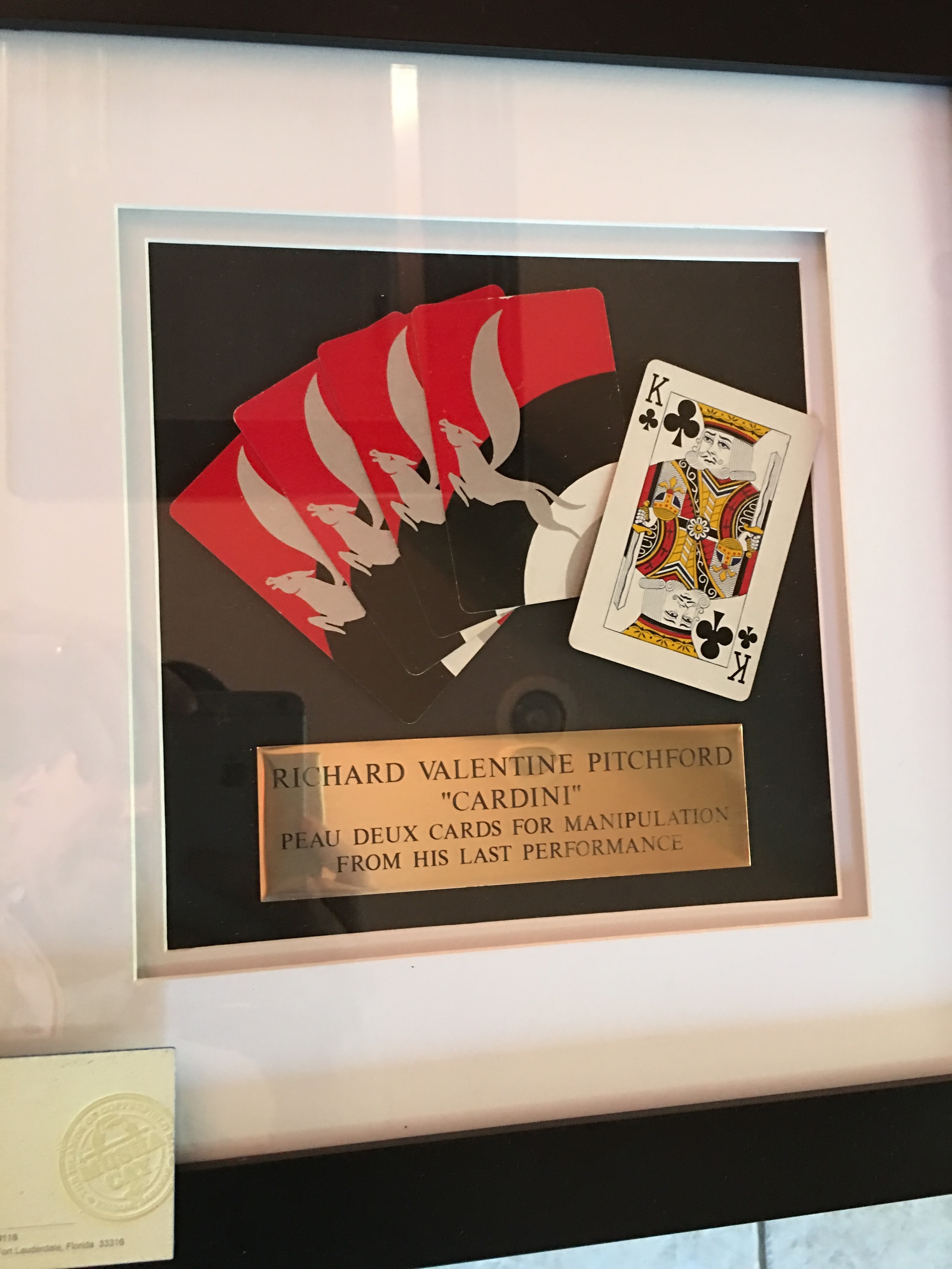 This is the framed fan of Peau Doux manipulations cards (used by Cardini) that was presented by Randy Pitchford to David Copperfield. This is NOT the number of cards nor type of frame that will be sent to the winner of the contest (which is now ended). The contest here was for one framed card (probably without the brass plaque) and I'm uncertain of the type of framing that Randy will prepare.