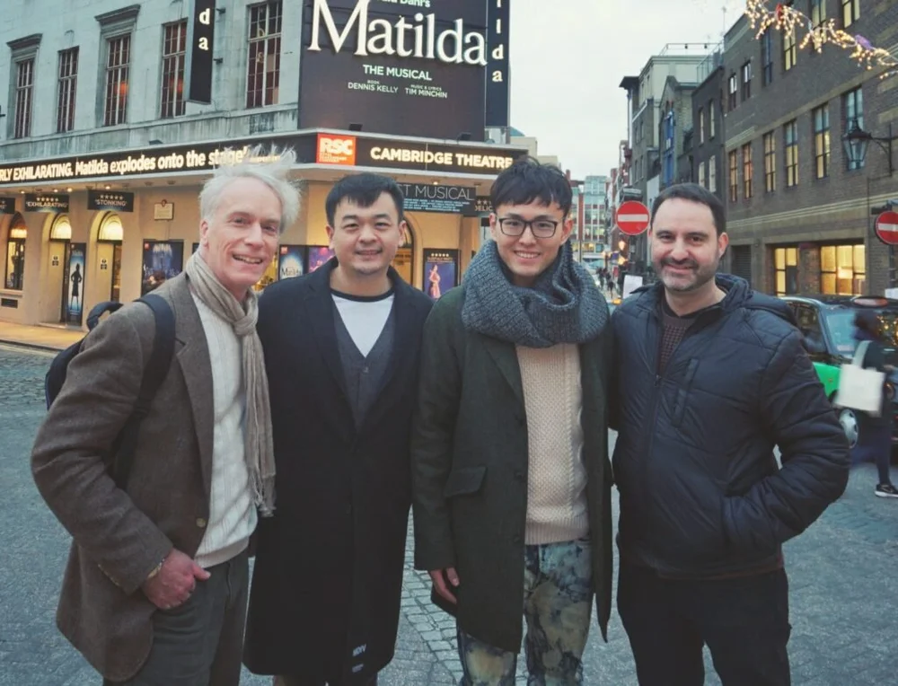 Chris in London with JSBC producer, Vincent, China’s top magician, Tang Daly and special effects designer for Matilda, Paul Kieve