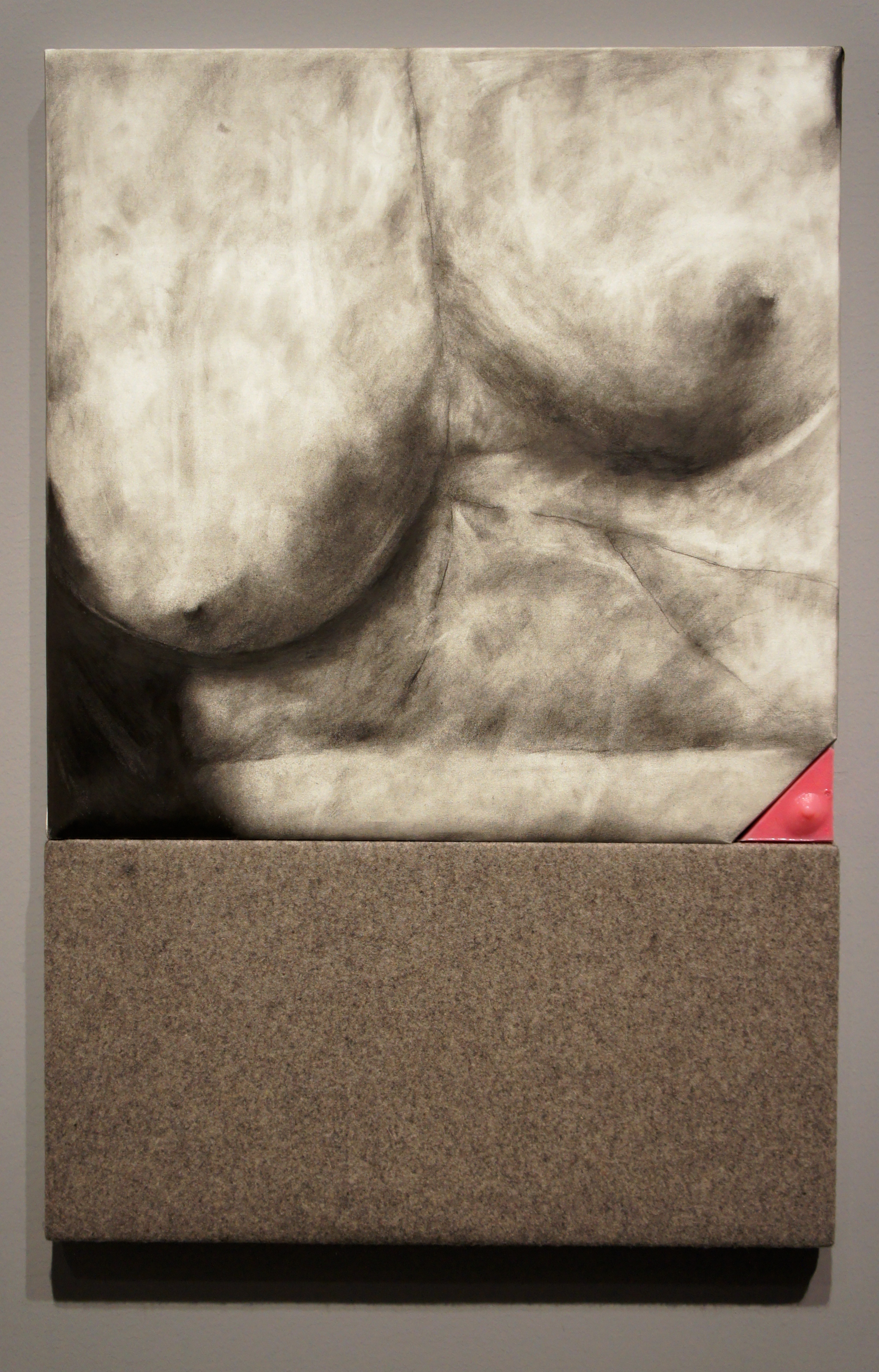 Understudy , 2014. Graphite on paper, felt, silicone, Pepto-Bismol. 45 x 30 x 2 in.