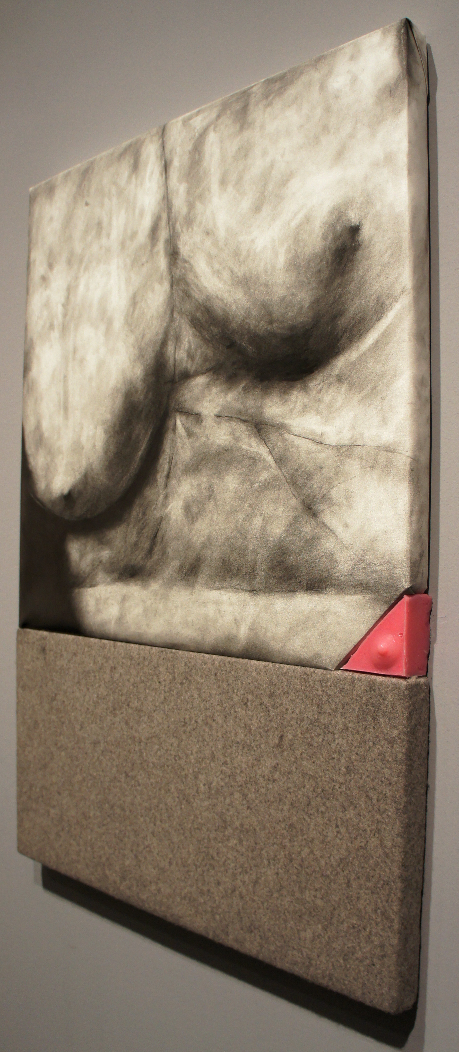 Understudy , 2014. Graphite on paper, felt, silicone, Pepto-Bismol. 45 in. x 30 in x 2 in.