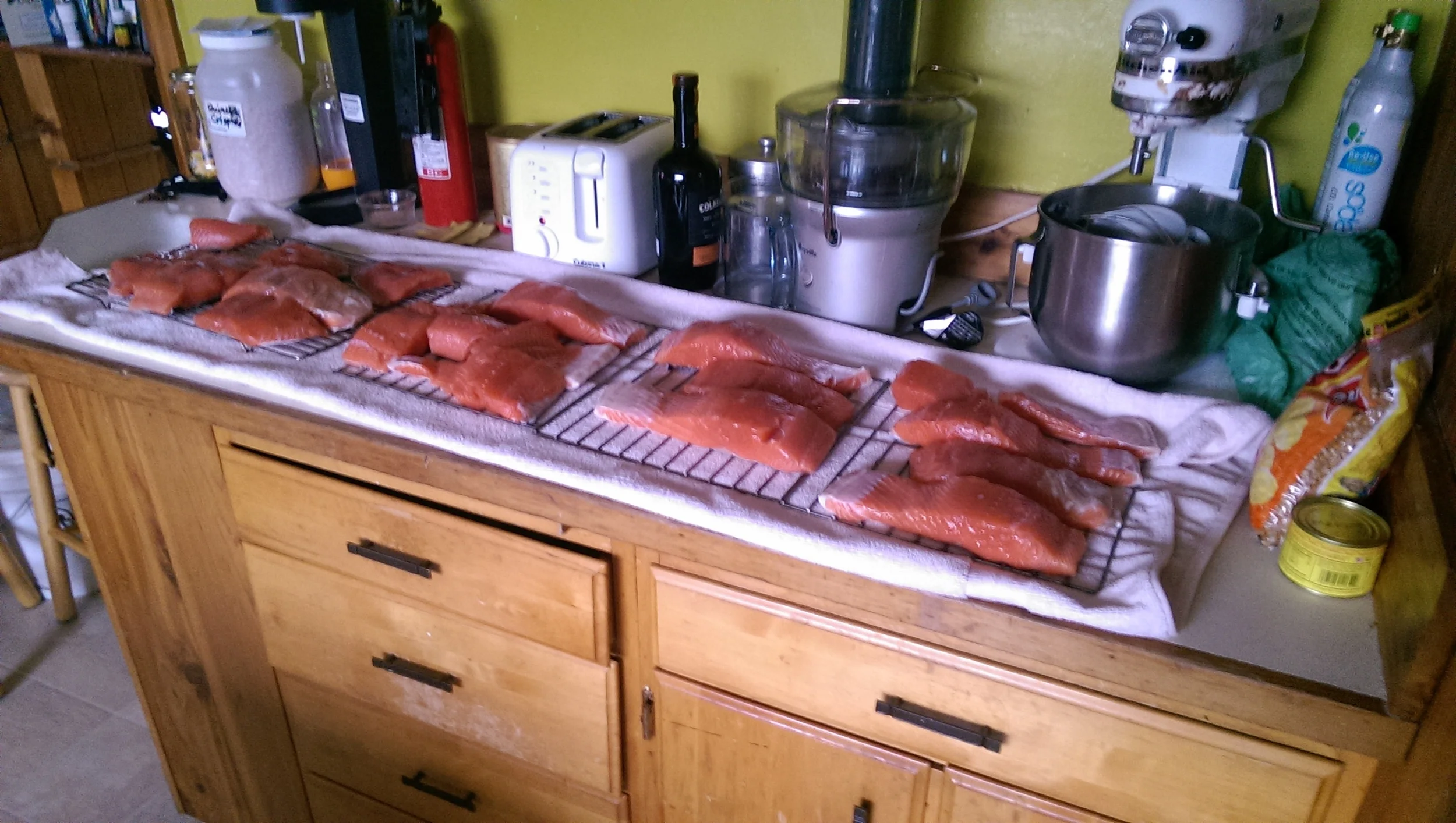 My fish, fresh out of the brine bucket and getting ready for the fire. 