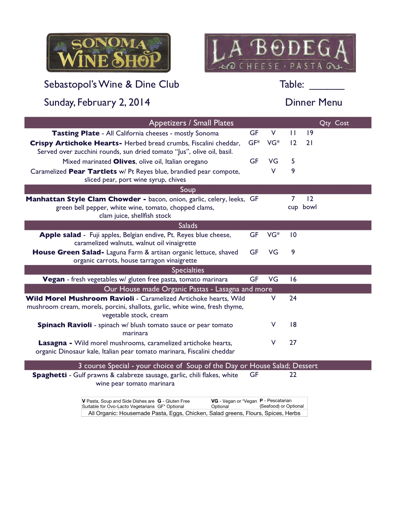 Sample regular menu - Click for full size